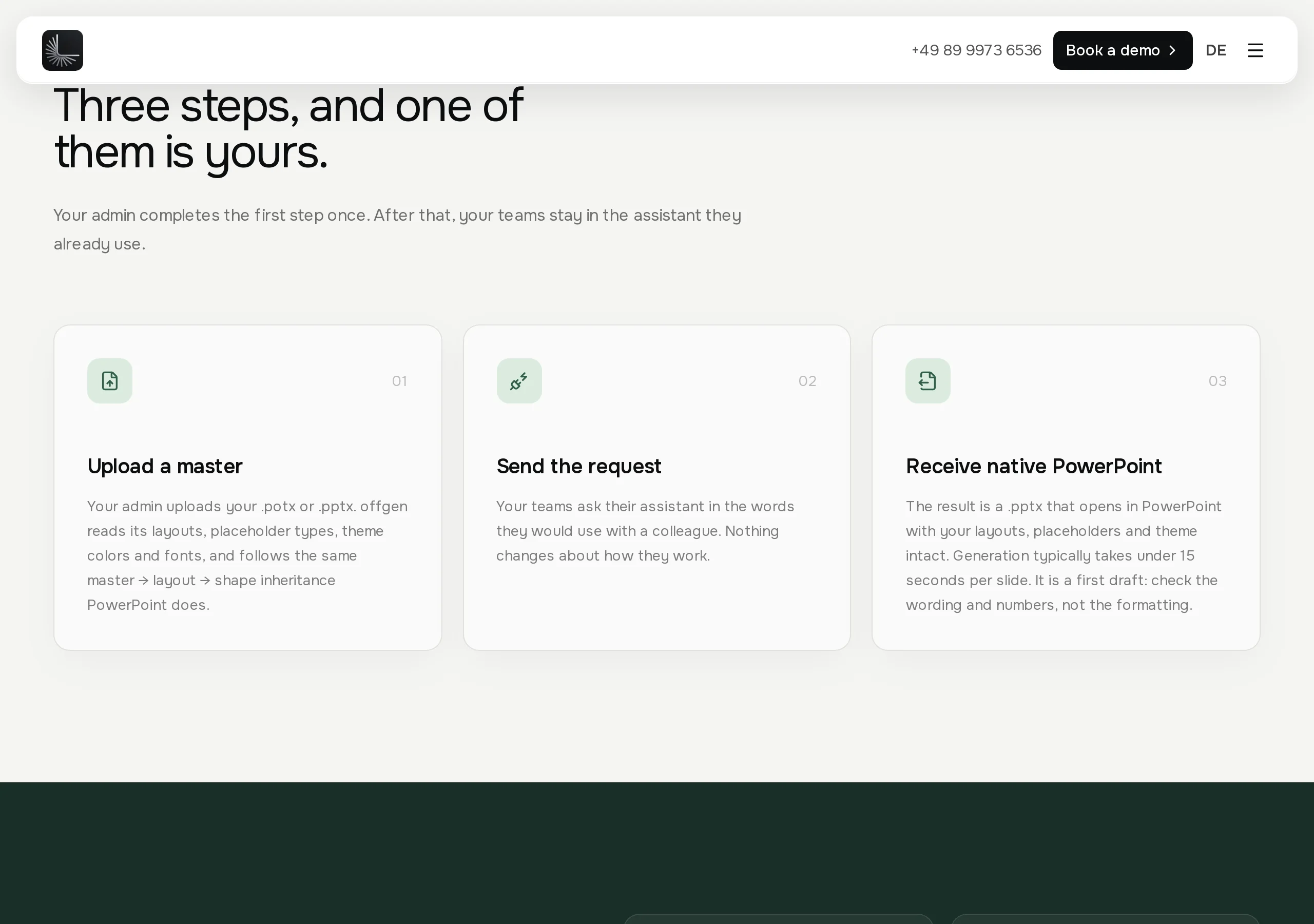 offgen MCP page section Three steps, and one of them is yours: upload a master, send the request, receive native PowerPoint, with generation typically under 15 seconds per slide