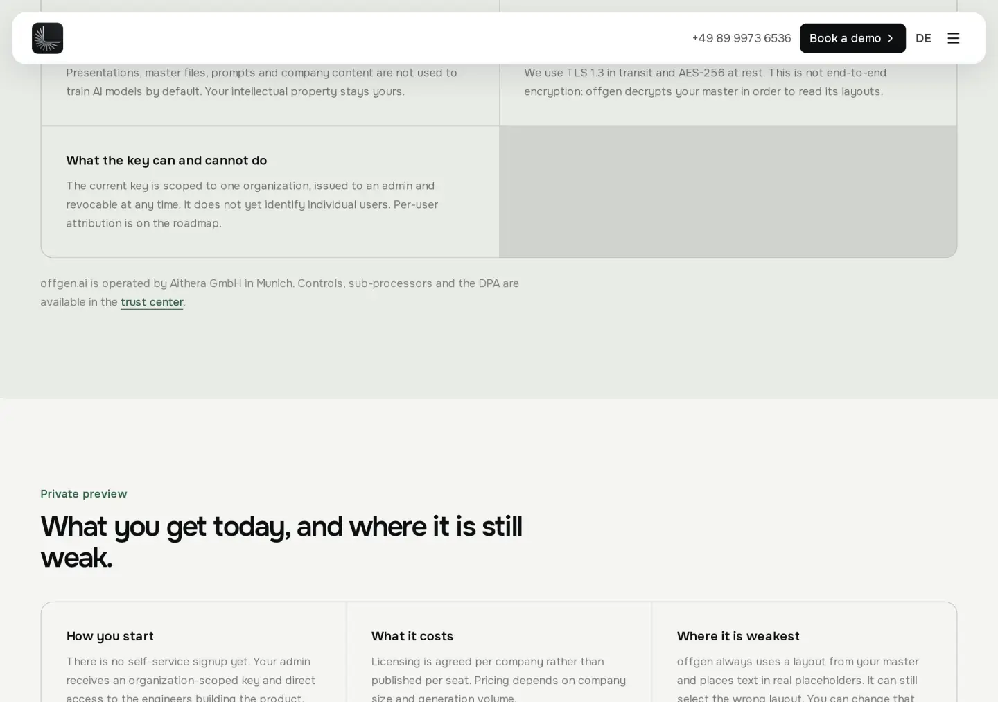 offgen MCP page: not end-to-end encryption because it decrypts the master, one organisation-scoped key, and a private-preview block covering no self-service signup, per-company licensing, and the risk of picking the wrong layout