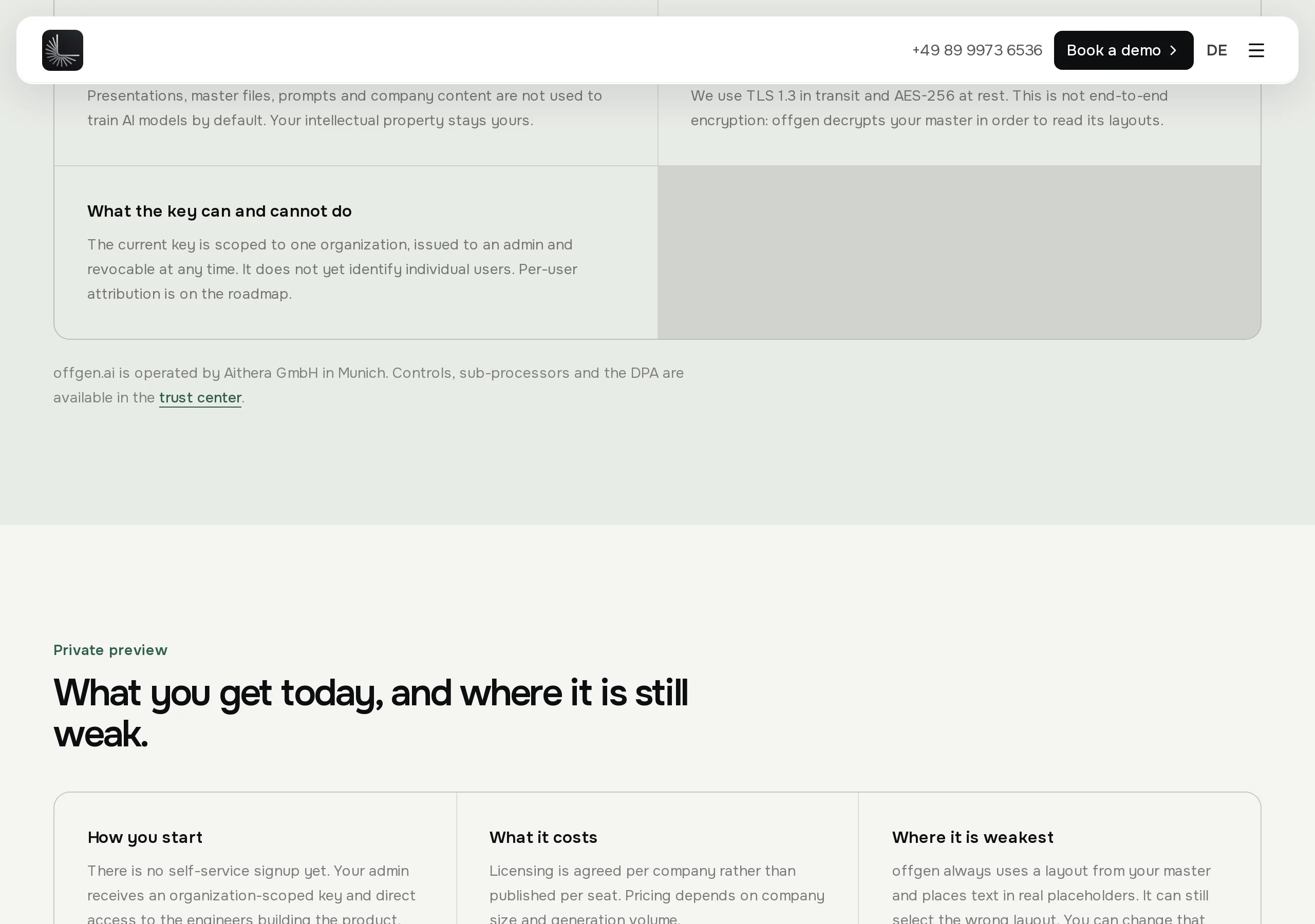 offgen MCP page: not end-to-end encryption because it decrypts the master, one organisation-scoped key, and a private-preview block covering no self-service signup, per-company licensing, and the risk of picking the wrong layout