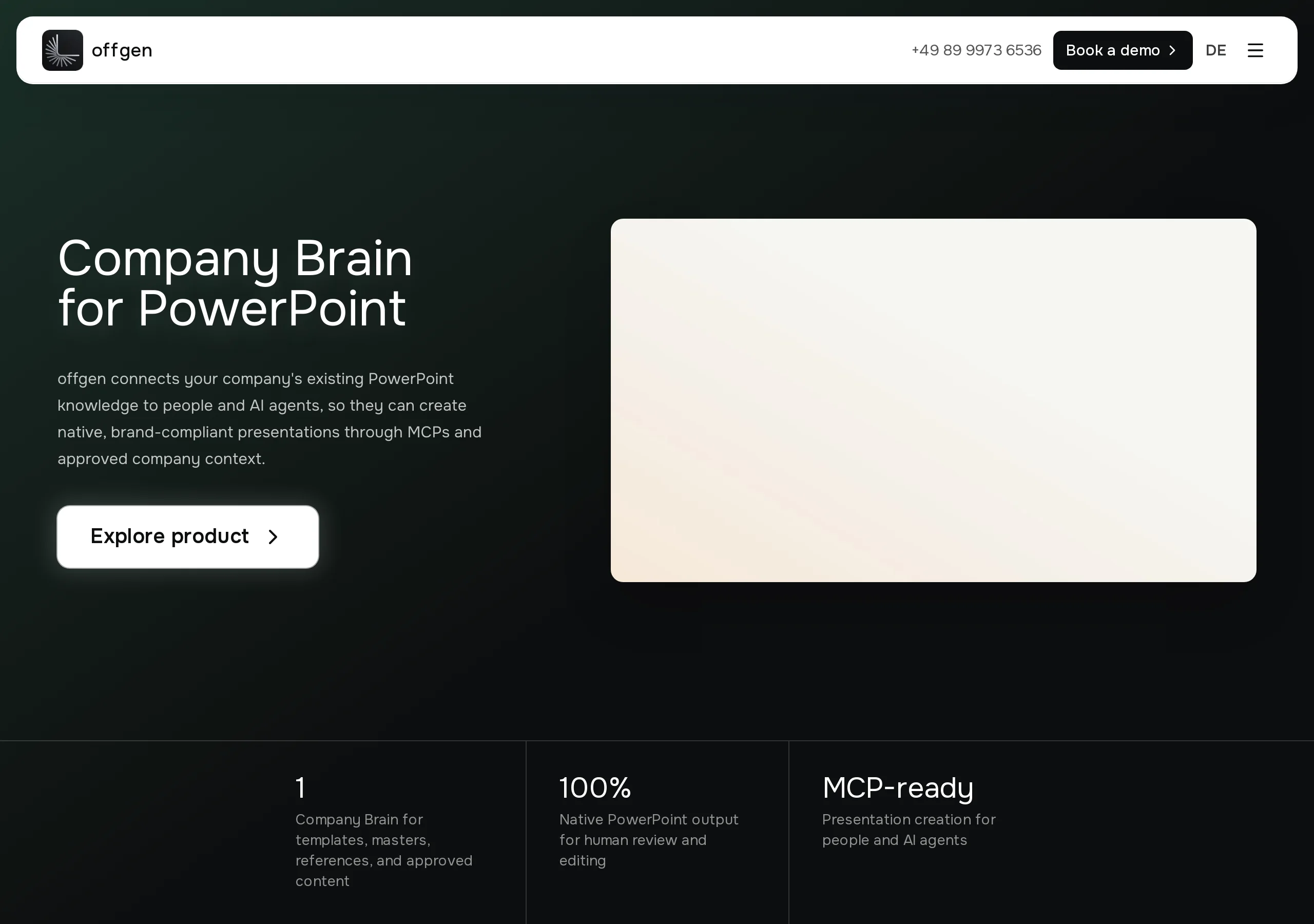 offgen homepage: Company Brain for PowerPoint, with a line that people and AI agents create native brand-compliant presentations through MCPs, and three facts: one Company Brain, 100 percent native PowerPoint output, MCP-ready