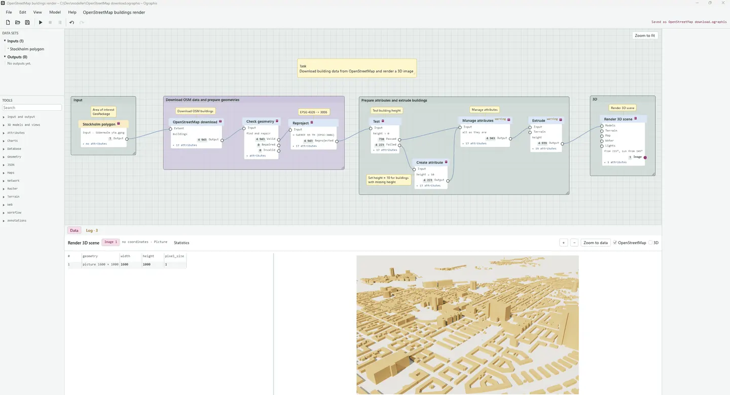 Ographis’s node canvas above a rendered 3D view of buildings in Södermalm.
