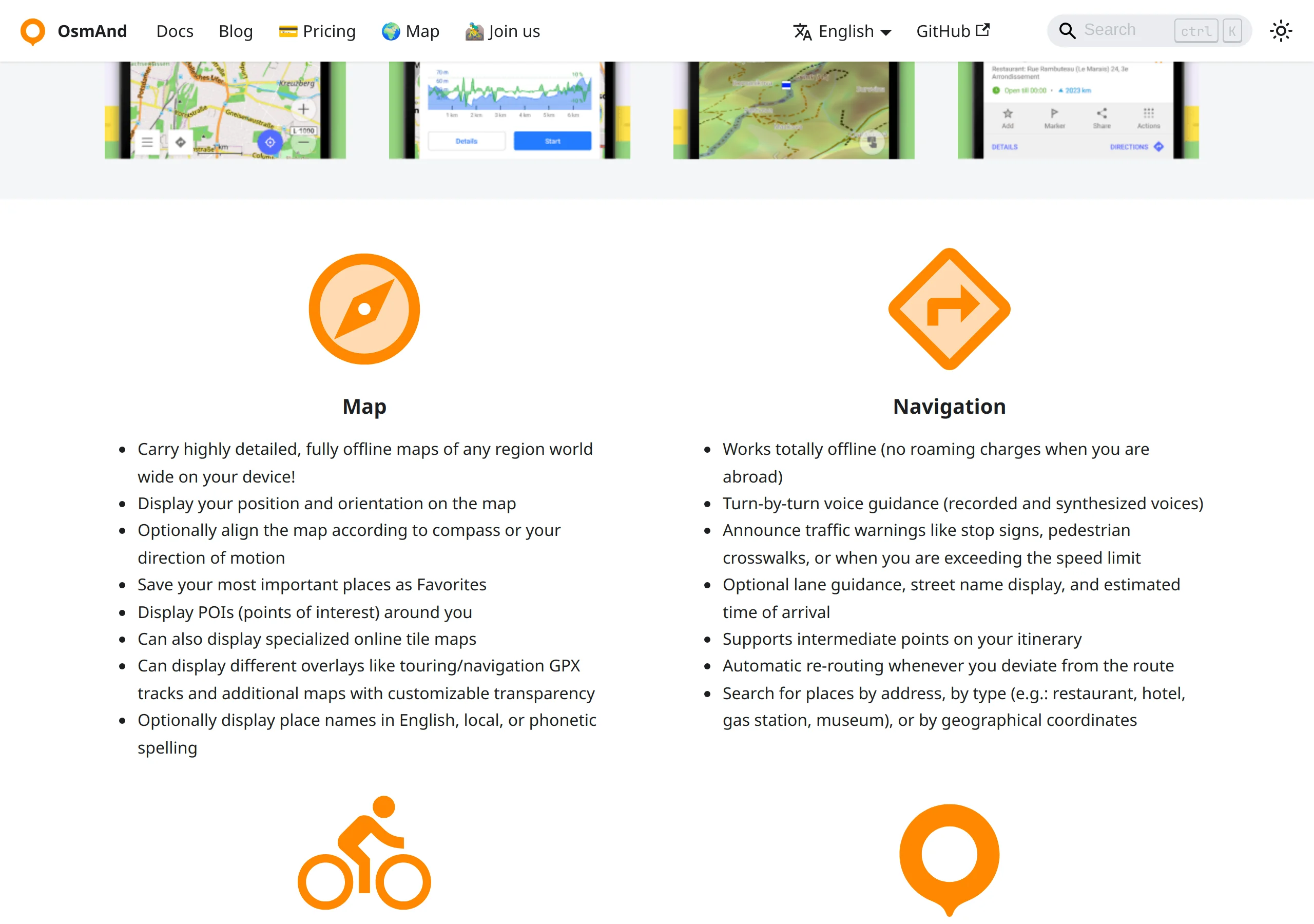 OsmAnd homepage Map and Navigation columns: fully offline maps of any region, and Works totally offline with no roaming charges when you are abroad