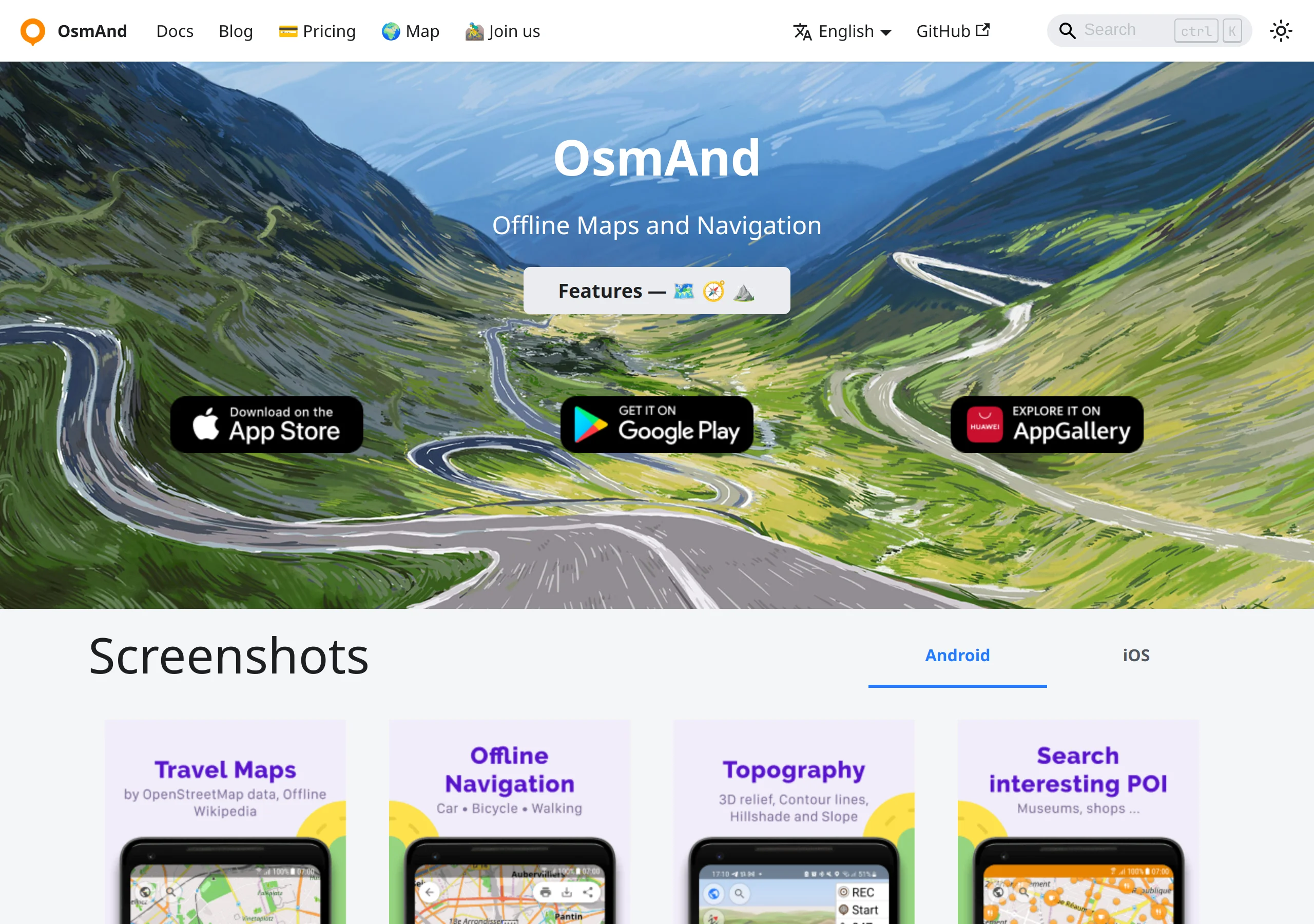 OsmAnd homepage: Offline Maps and Navigation, a Features button, App Store, Google Play, and AppGallery badges, and Android screenshot cards for travel maps, offline navigation, topography, and POI search