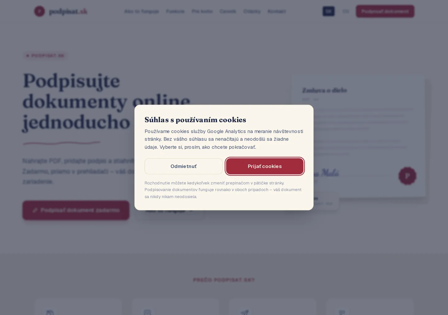 The Podpisat homepage heading Sign documents online simply and quickly, stating upload a PDF, add a signature and download the signed document, free, directly in the browser, your document does not leave your device