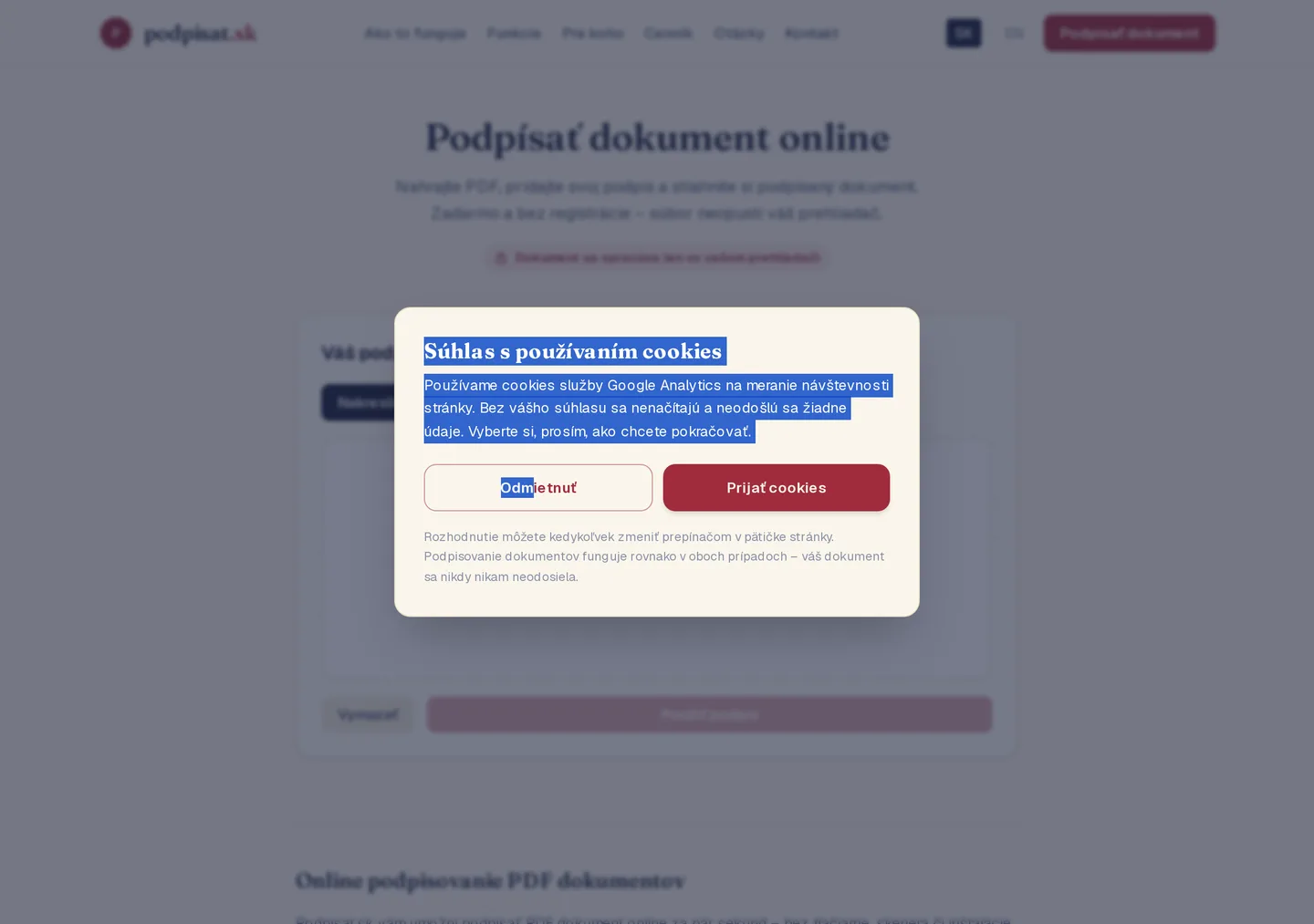 The Podpisat signer page after uploading a PDF, showing the document preview and signature tools with buttons to draw or type a signature, and a cookie bar offering Reject and Accept cookies