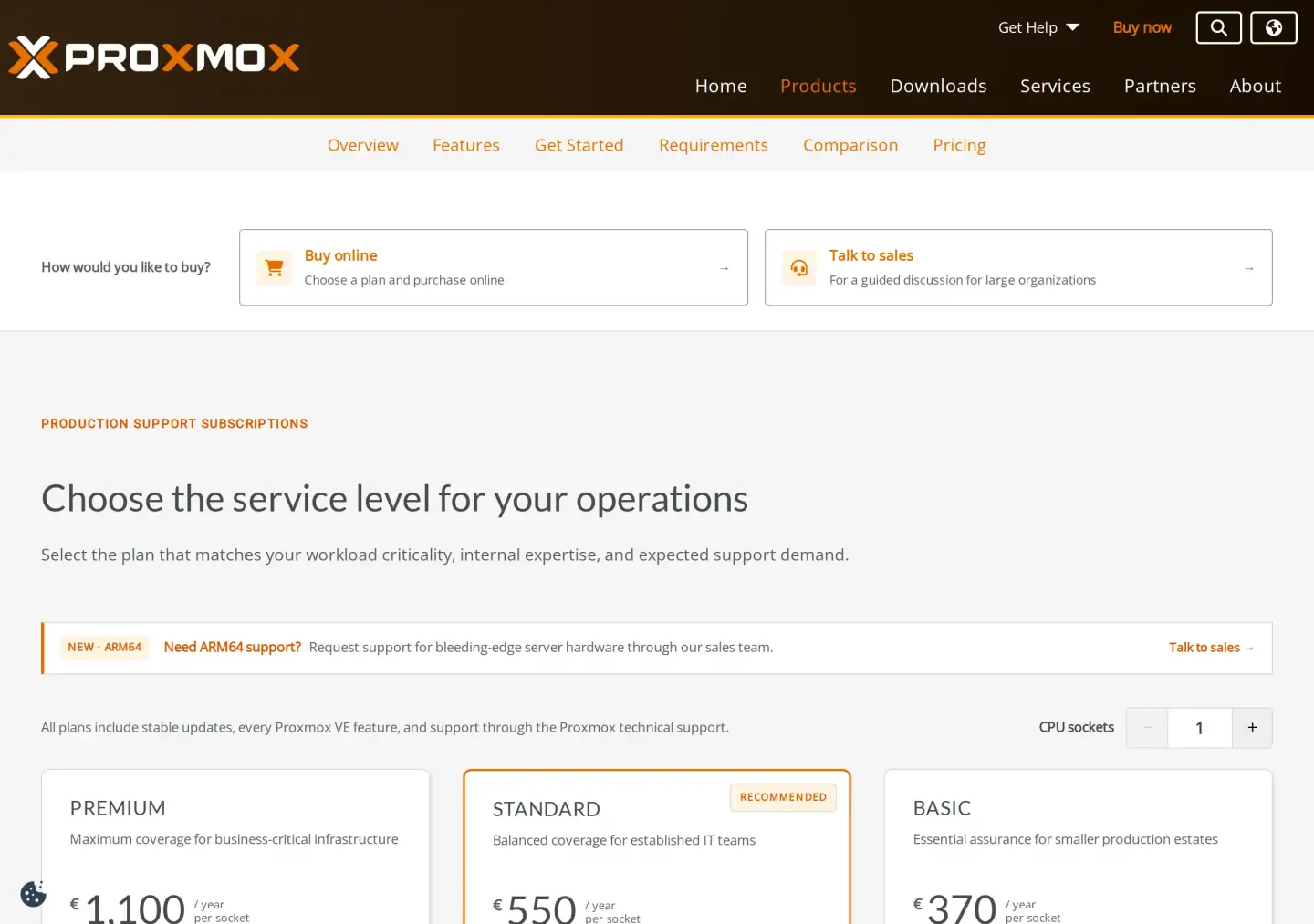 Proxmox VE production support subscriptions: NEW ARM64 banner asking you to request support through sales, CPU sockets set to 1, Premium at €1,100 per year per socket, Standard at €550 recommended, Basic at €370, with a line that all plans include every Proxmox VE feature