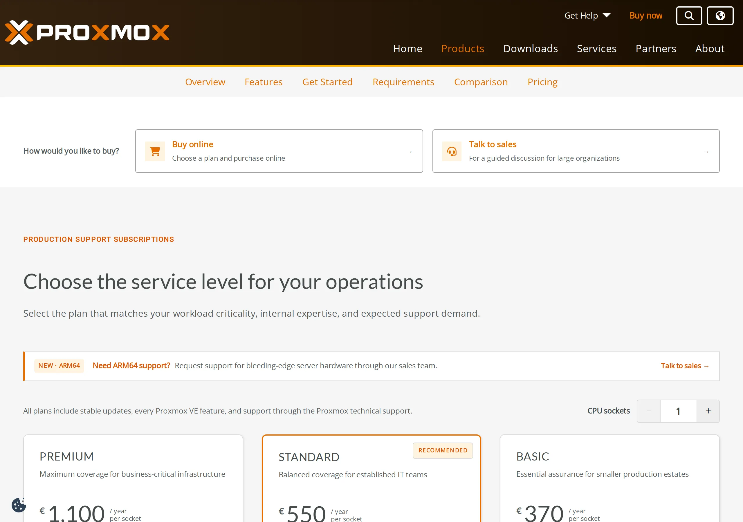 Proxmox VE production support subscriptions: NEW ARM64 banner asking you to request support through sales, CPU sockets set to 1, Premium at €1,100 per year per socket, Standard at €550 recommended, Basic at €370, with a line that all plans include every Proxmox VE feature