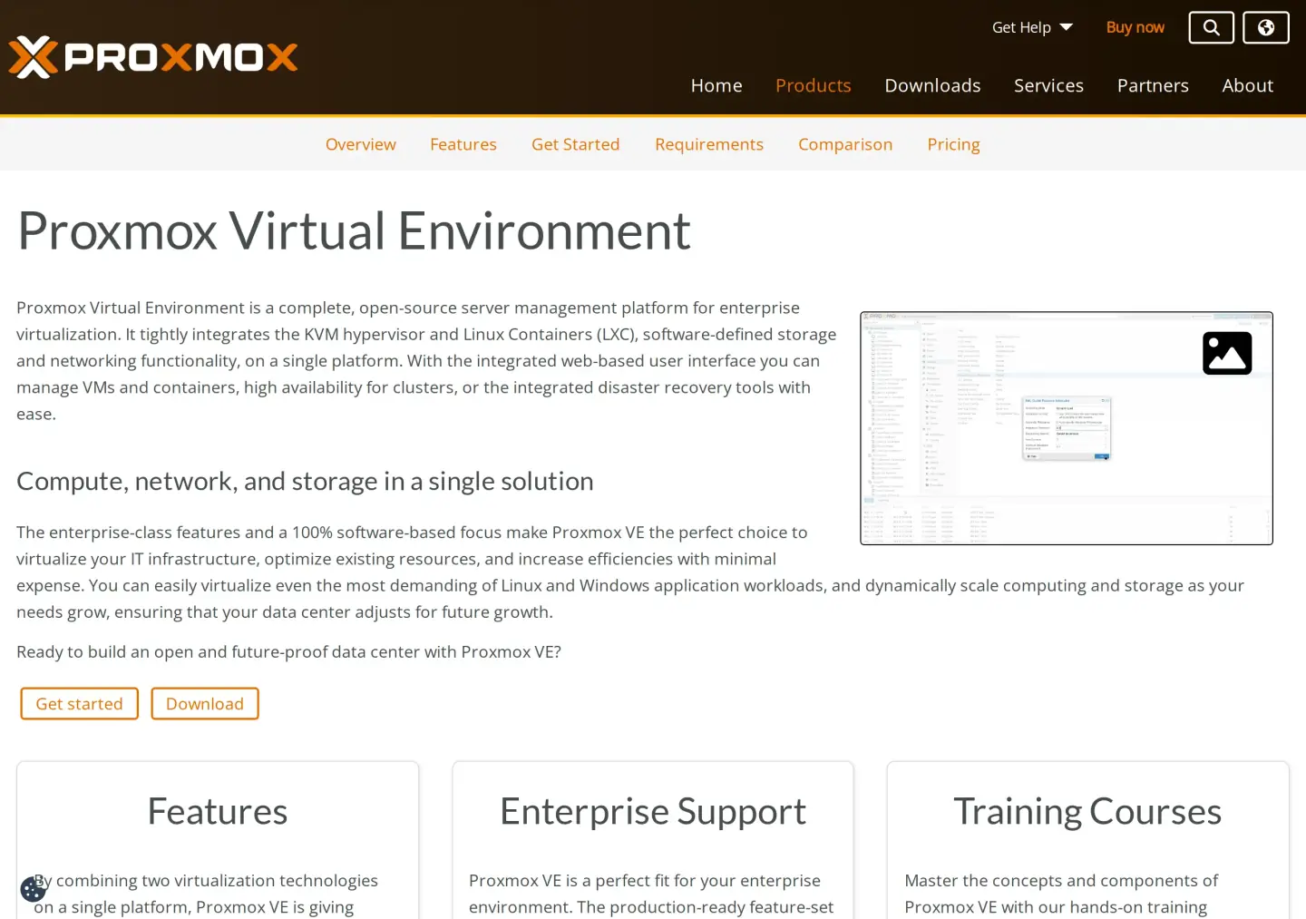 Proxmox Virtual Environment overview: complete open-source server management platform for enterprise virtualization, integrating the KVM hypervisor and Linux Containers, with Get started and Download buttons and a thumbnail of the web UI creating a virtual machine