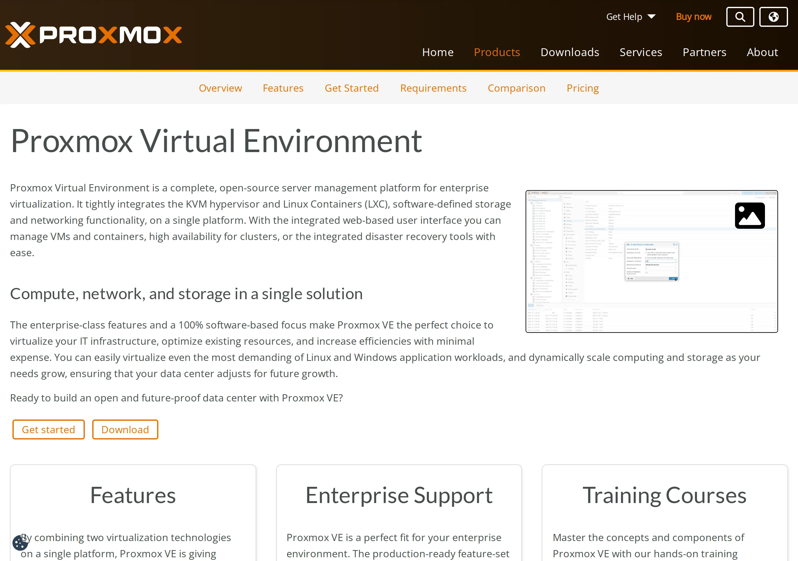 Proxmox Virtual Environment overview: complete open-source server management platform for enterprise virtualization, integrating the KVM hypervisor and Linux Containers, with Get started and Download buttons and a thumbnail of the web UI creating a virtual machine