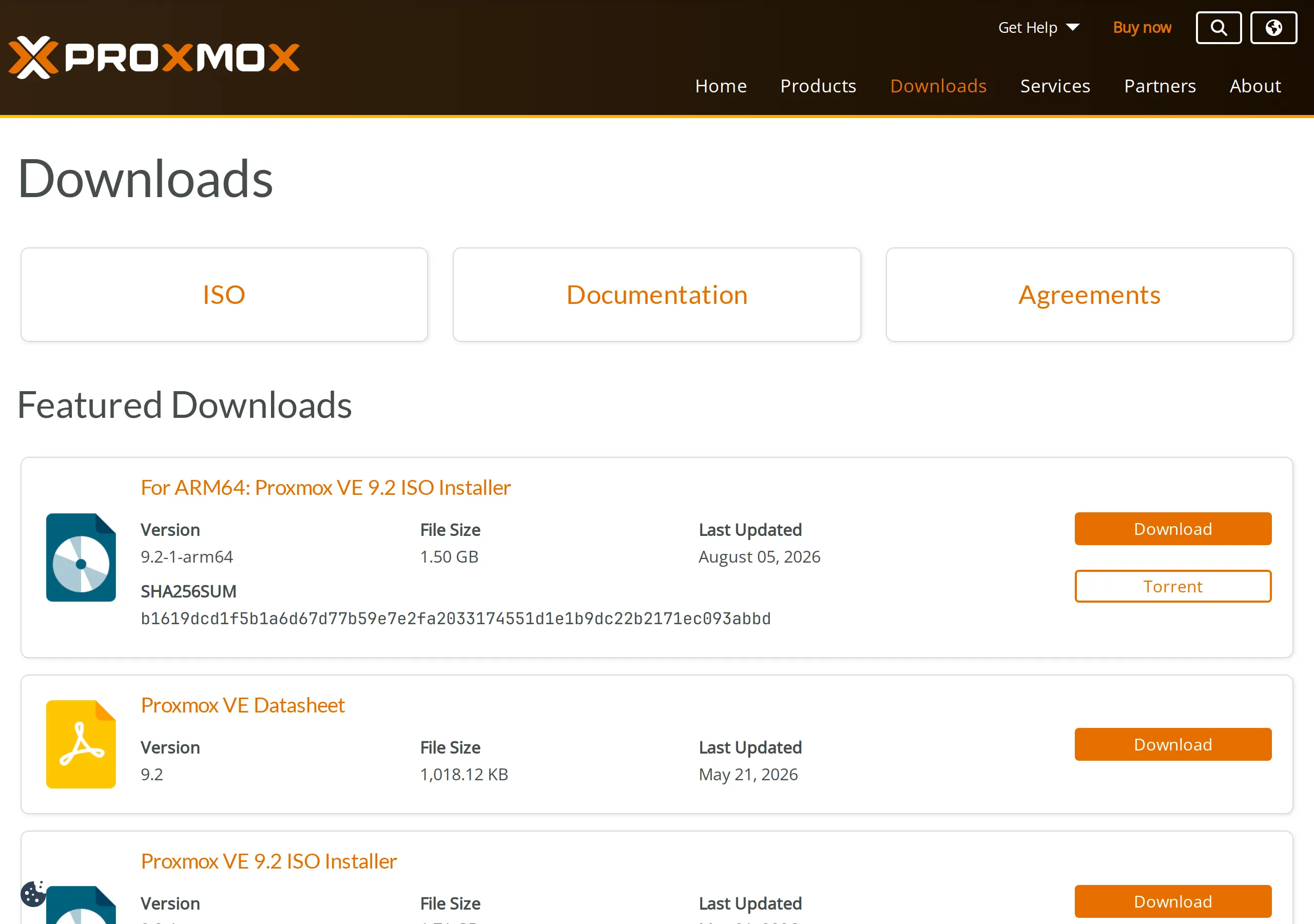 Proxmox Virtual Environment downloads: ARM64 Proxmox VE 9.2 ISO Installer version 9.2-1-arm64, 1.50 GB, last updated 5 August 2026, with Download and Torrent, then the 9.2 datasheet dated 21 May and the x86 Proxmox VE 9.2 ISO Installer at the bottom of the frame