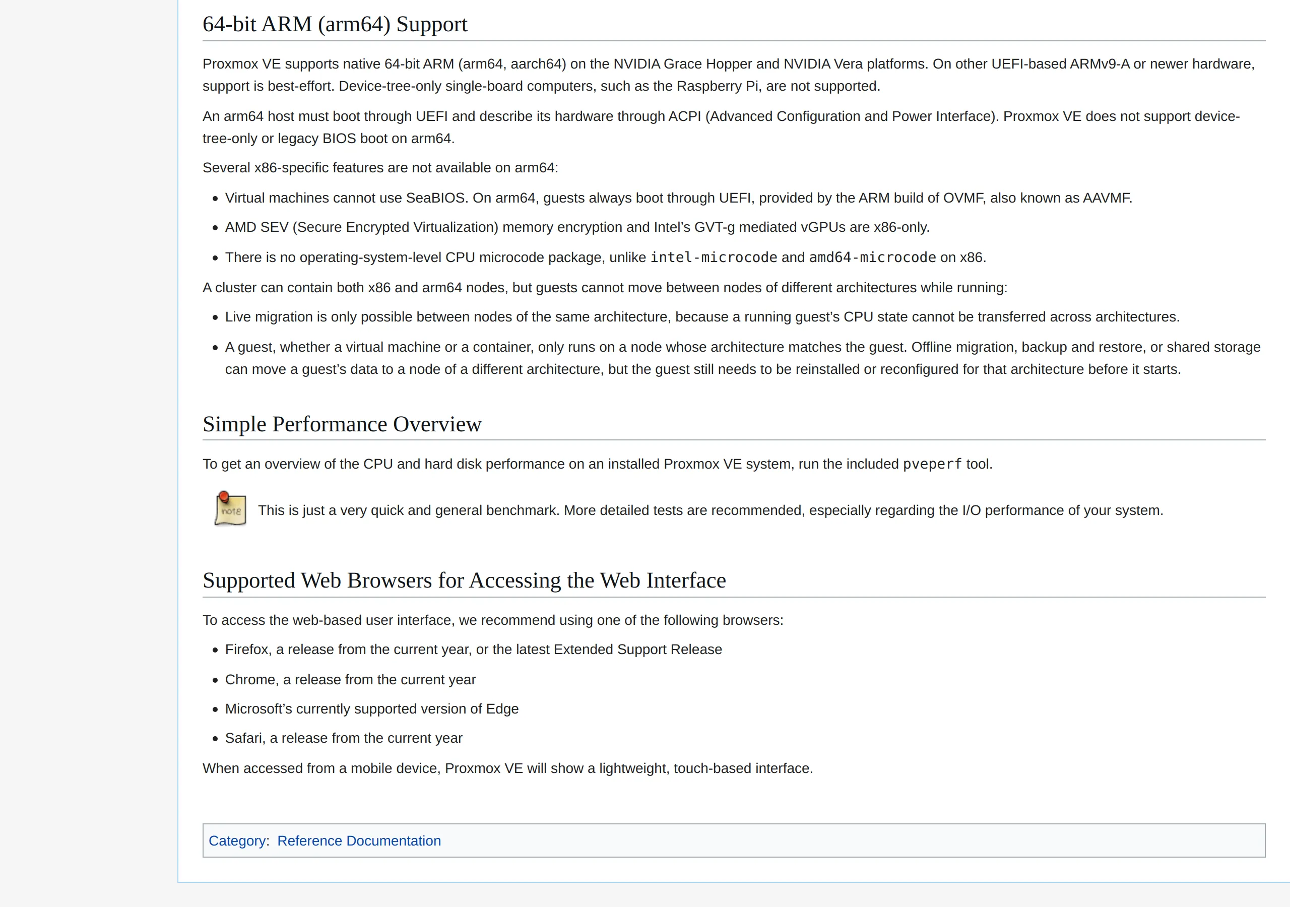 Proxmox VE System Requirements, 64-bit ARM support: native on NVIDIA Grace Hopper and NVIDIA Vera, best-effort on other UEFI ARMv9-A, Raspberry Pi not supported, UEFI plus ACPI required, live migration only between nodes of the same architecture