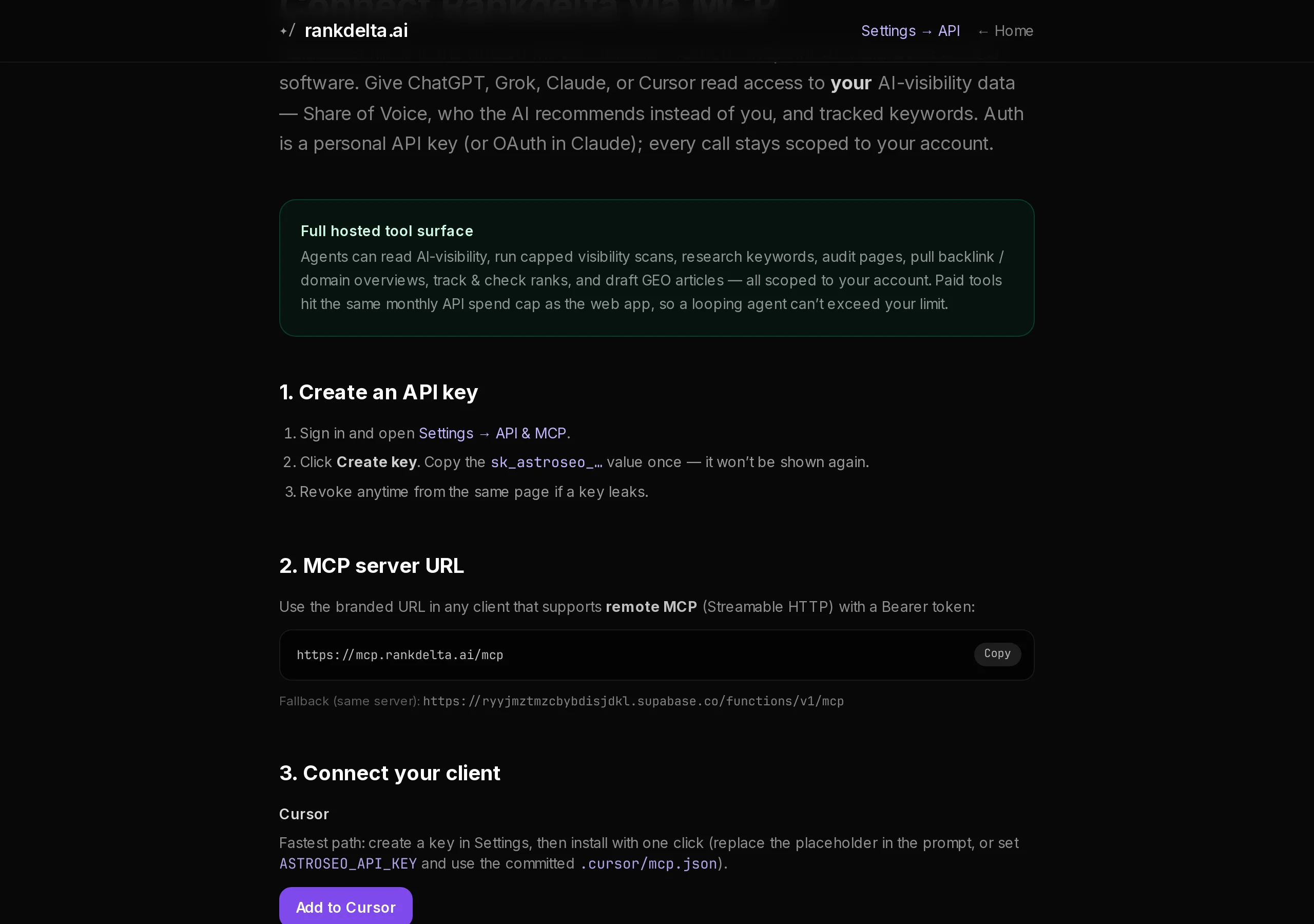 Rankdelta MCP docs: create a key that starts with sk_astroseo_, MCP URL https://mcp.rankdelta.ai/mcp, and a fallback on supabase.co/functions, plus an ASTROSEO_API_KEY note for Cursor