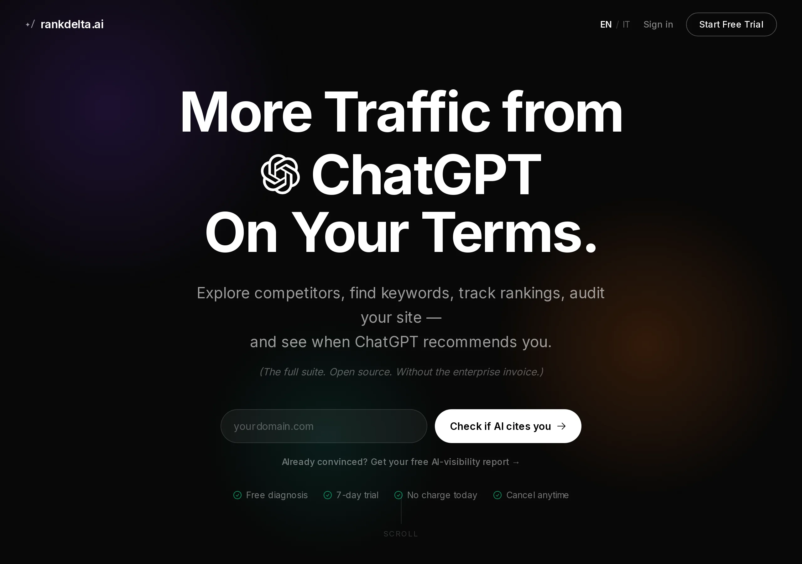 Rankdelta homepage: More Traffic from ChatGPT On Your Terms, with the italic line The full suite. Open source. Without the enterprise invoice, a yourdomain.com field, and a 7-day trial