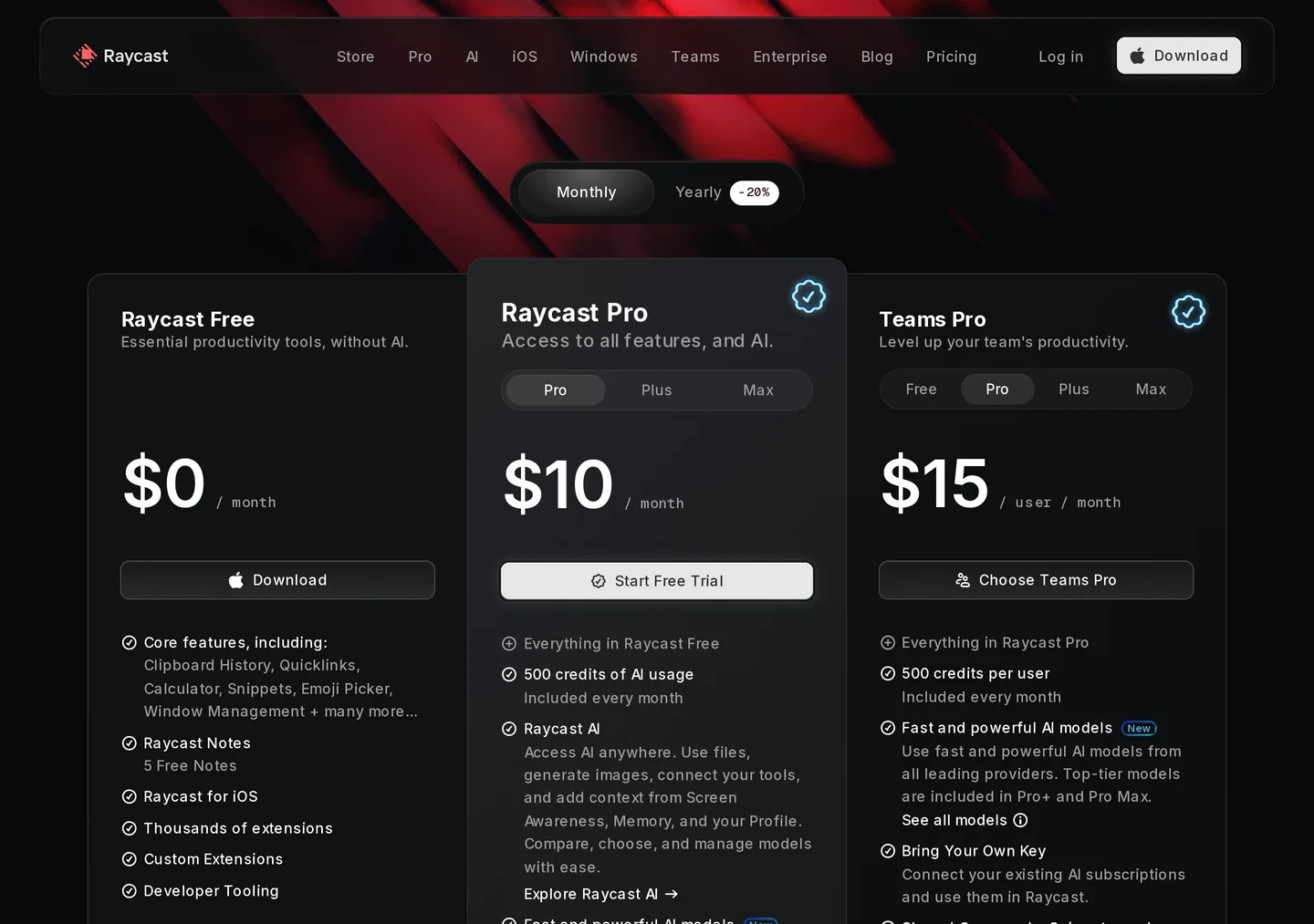 Raycast pricing on the Monthly tab: Free at $0 without AI, Raycast Pro at $10 a month with 500 credits of AI usage and a Start Free Trial button, Teams Pro at $15 per user per month with 500 credits per user