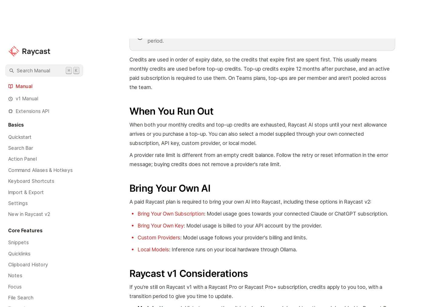 Raycast Usage Limits: When You Run Out, AI stops until the next allowance or a top-up, and Bring Your Own AI requires a paid plan for Claude or ChatGPT subscriptions, API keys, custom providers, and local Ollama models