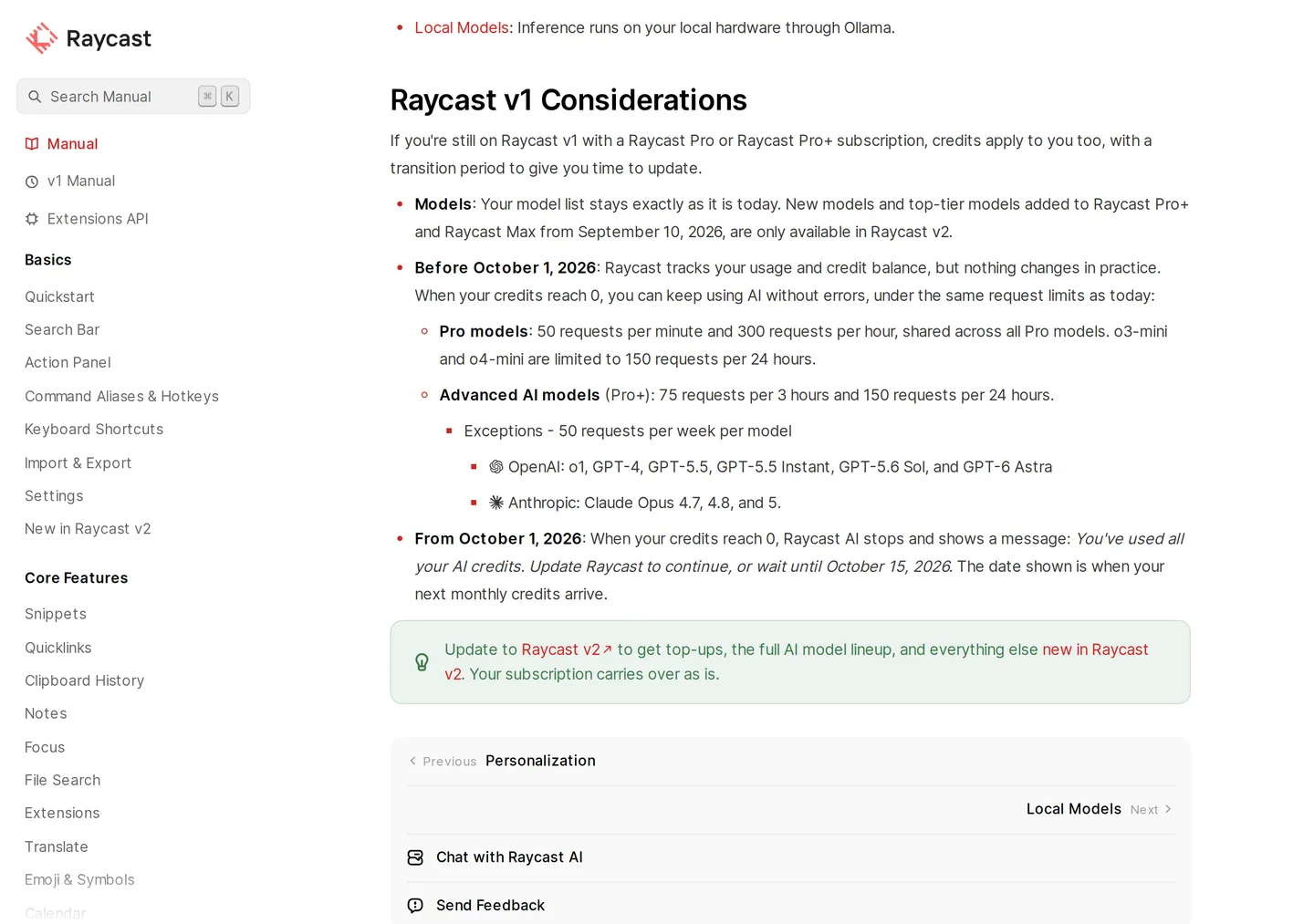 Raycast v1 Considerations: before October 1 2026 credits are tracked but AI keeps running at zero under old request limits; from October 1 Raycast AI stops with You've used all your AI credits, update to continue or wait until October 15 2026