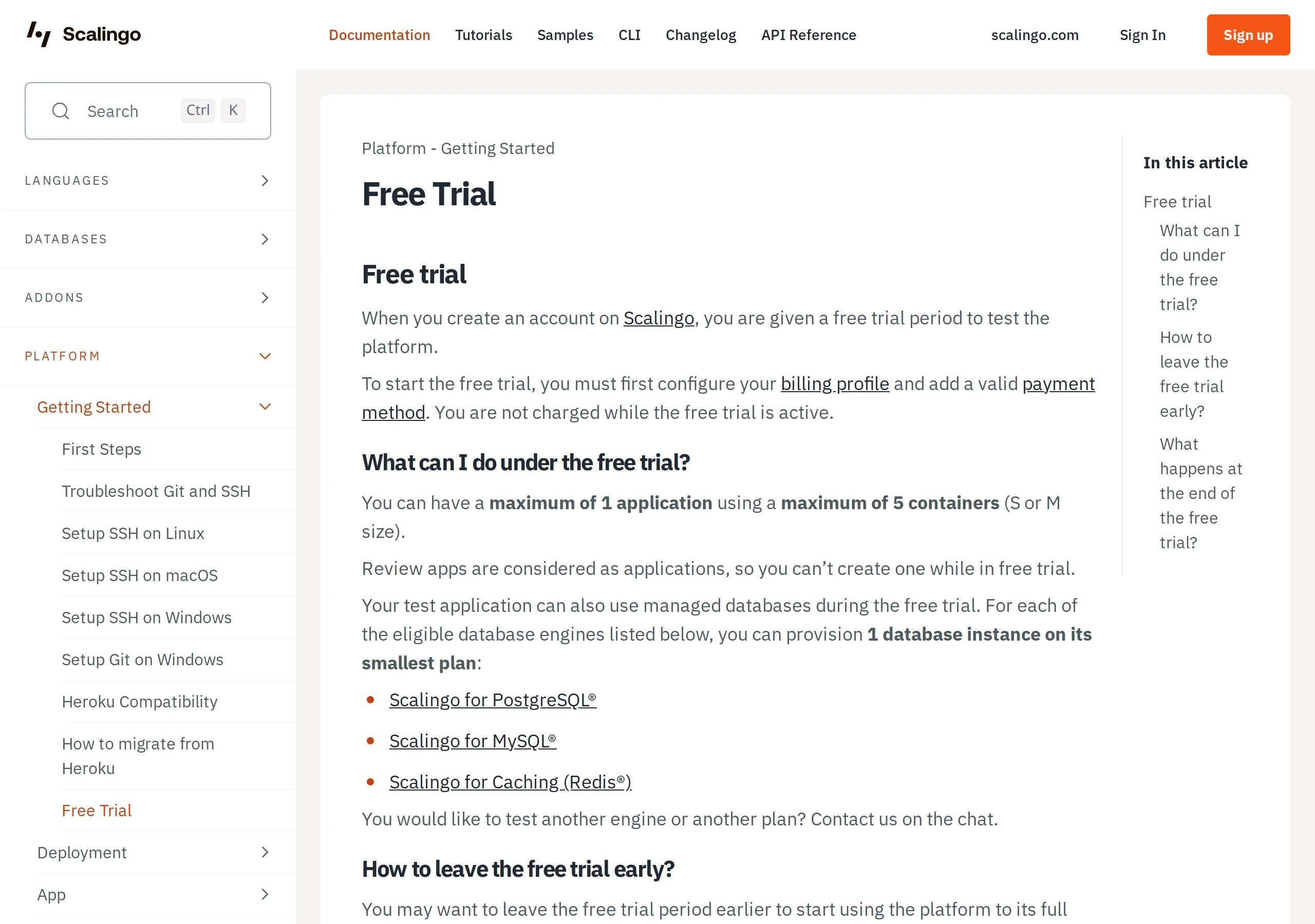 Scalingo free trial docs: add a billing profile and a valid payment method, not charged while the trial is active, maximum 1 application and 5 containers of size S or M, no review apps, one smallest Postgres, MySQL, and Redis