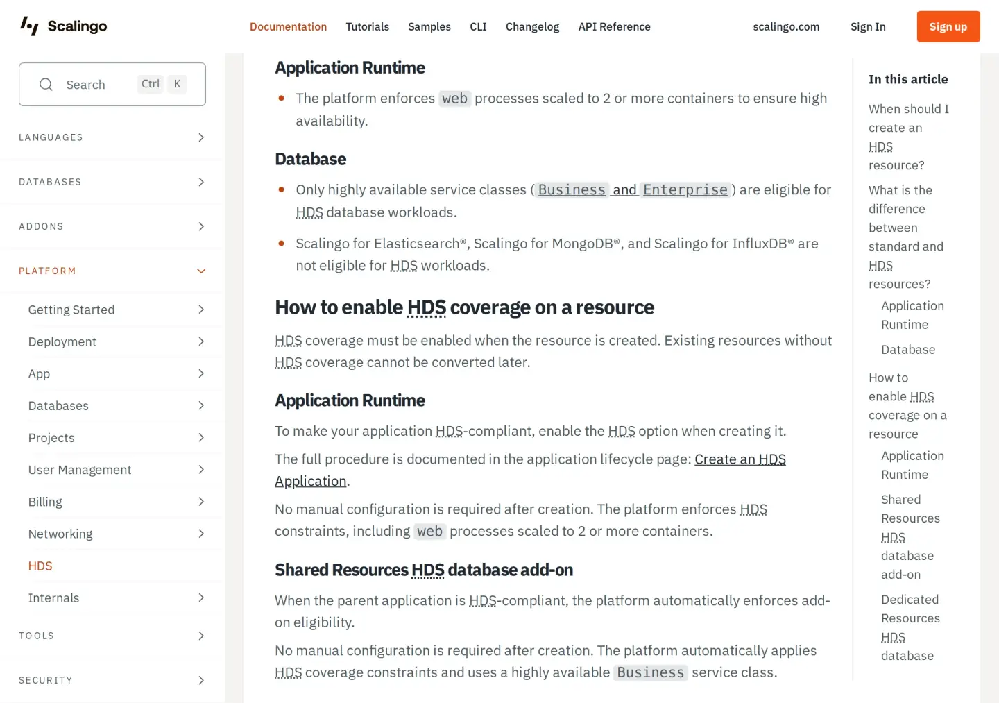 Scalingo HDS docs: coverage must be enabled when the resource is created, existing resources cannot be converted later, web processes scaled to 2 or more, Elasticsearch MongoDB and InfluxDB not eligible