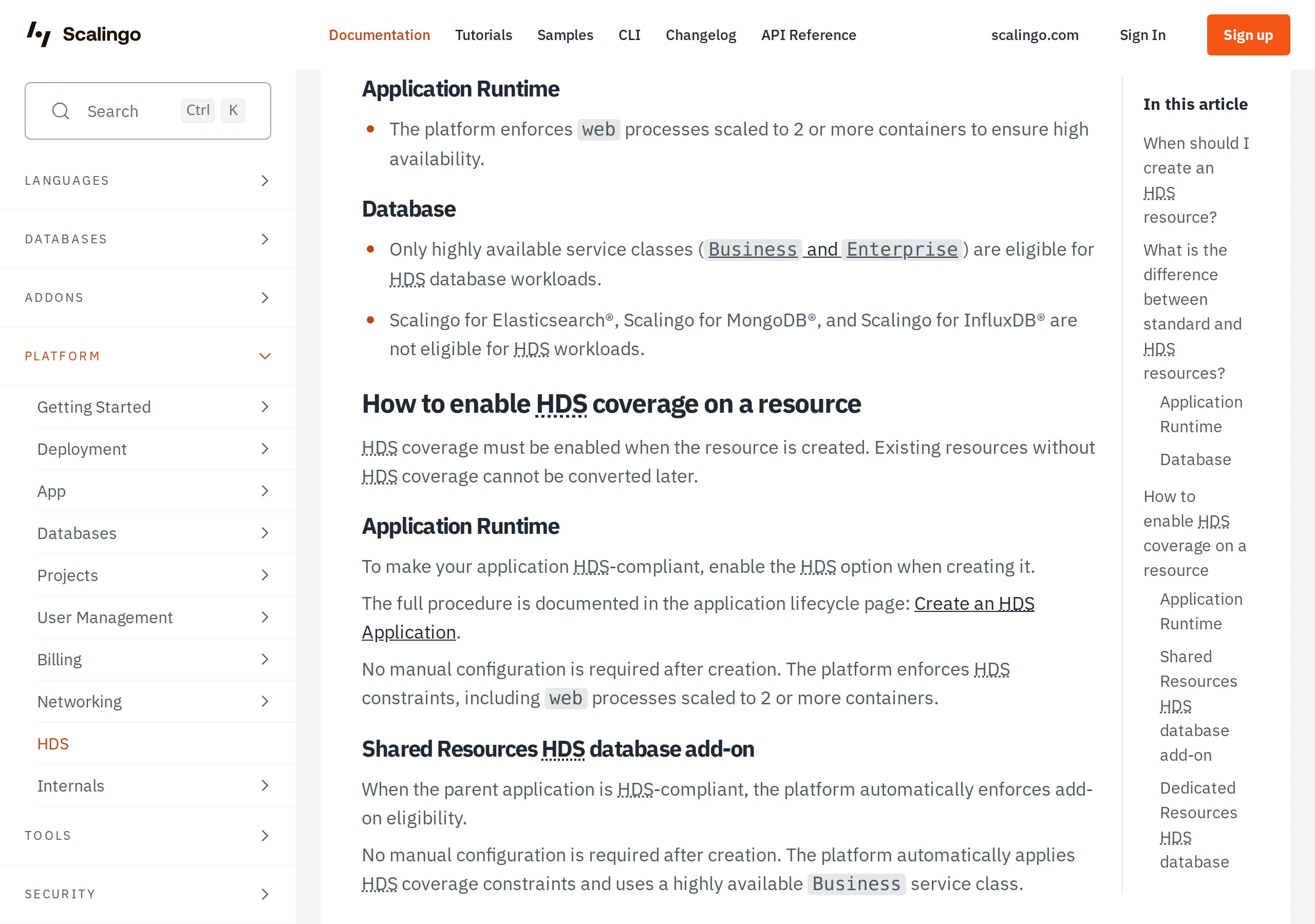 Scalingo HDS docs: coverage must be enabled when the resource is created, existing resources cannot be converted later, web processes scaled to 2 or more, Elasticsearch MongoDB and InfluxDB not eligible