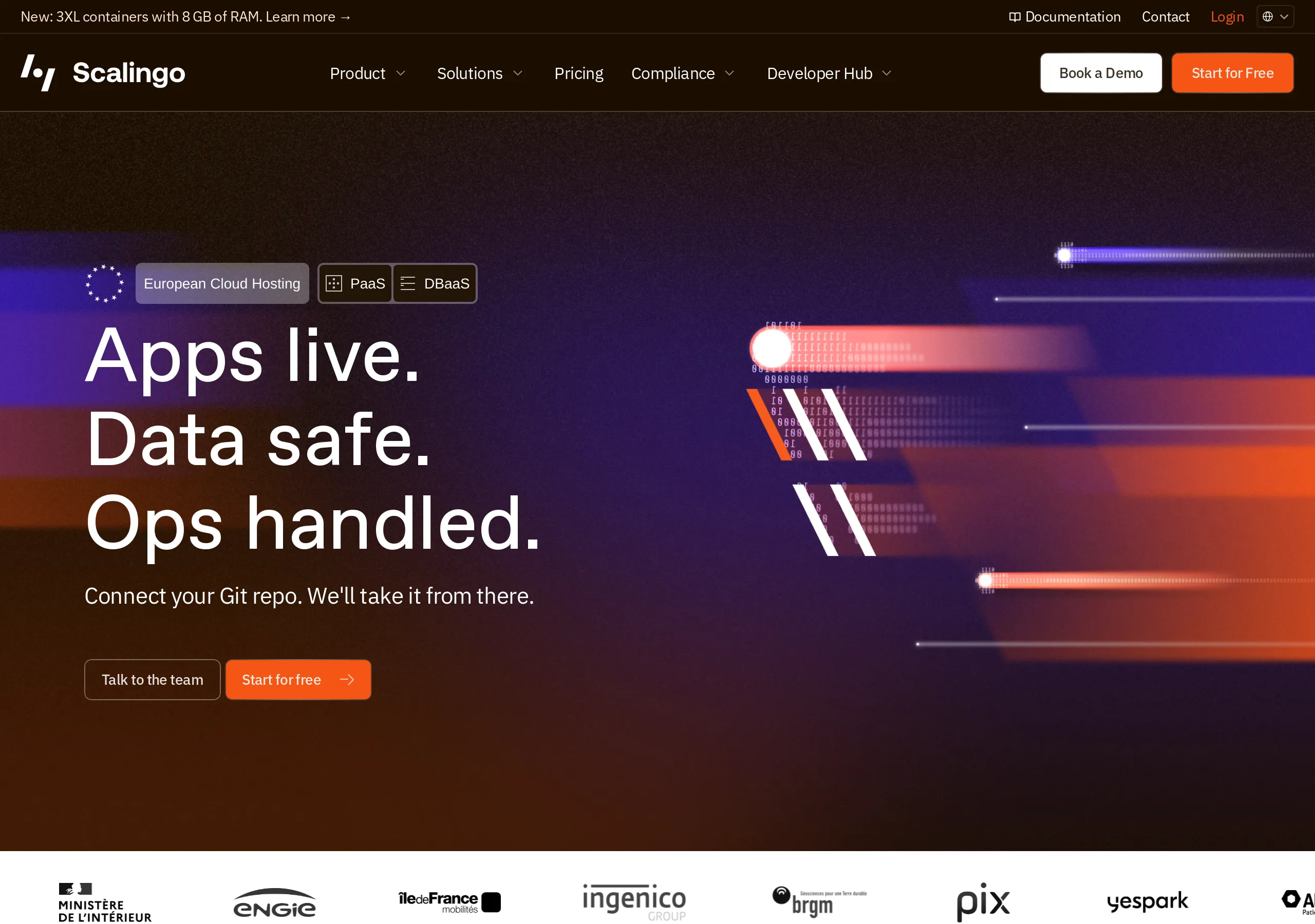 Scalingo homepage: Apps live. Data safe. Ops handled. Connect your Git repo. We'll take it from there, with Book a Demo, Start for free, and a banner for new 3XL containers with 8 GB of RAM