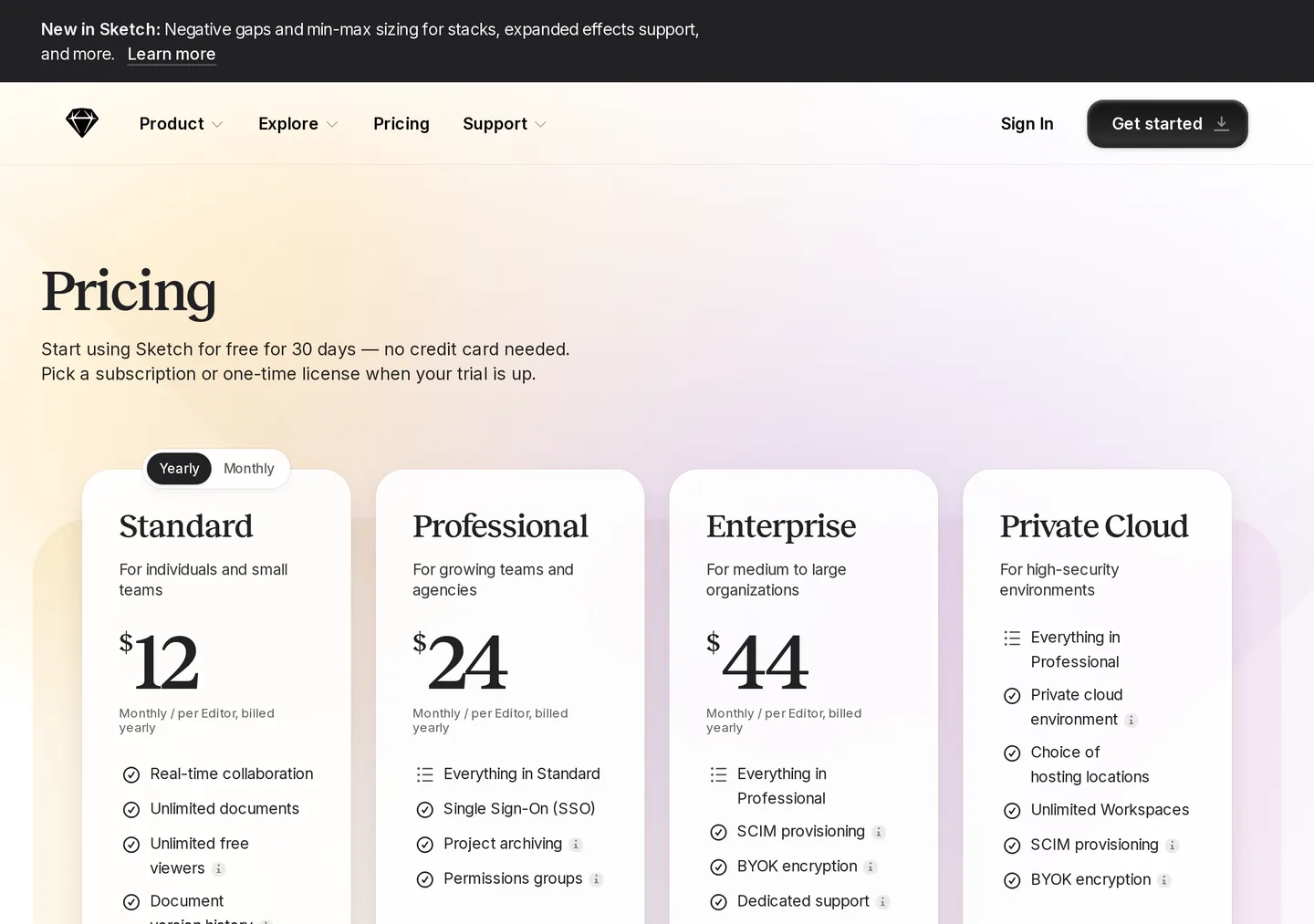 Sketch Pricing on the Yearly tab: Standard $12 monthly per editor billed yearly, Professional $24, Enterprise $44, Private Cloud contact for pricing, with a 30-day free trial and no credit card needed