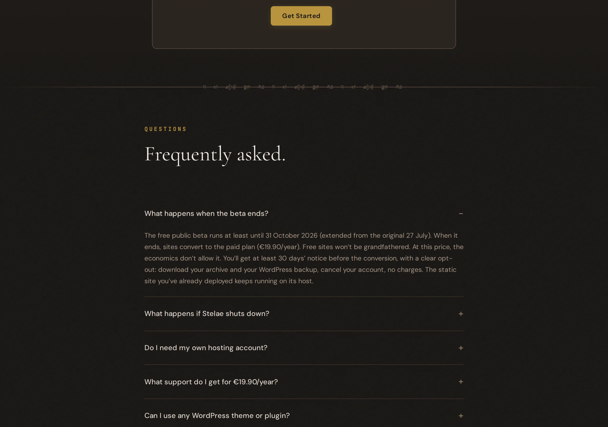 Stelae FAQ expanded: What happens when the beta ends? Free public beta until at least 31 October 2026, then €19.90 a year, free sites will not be grandfathered