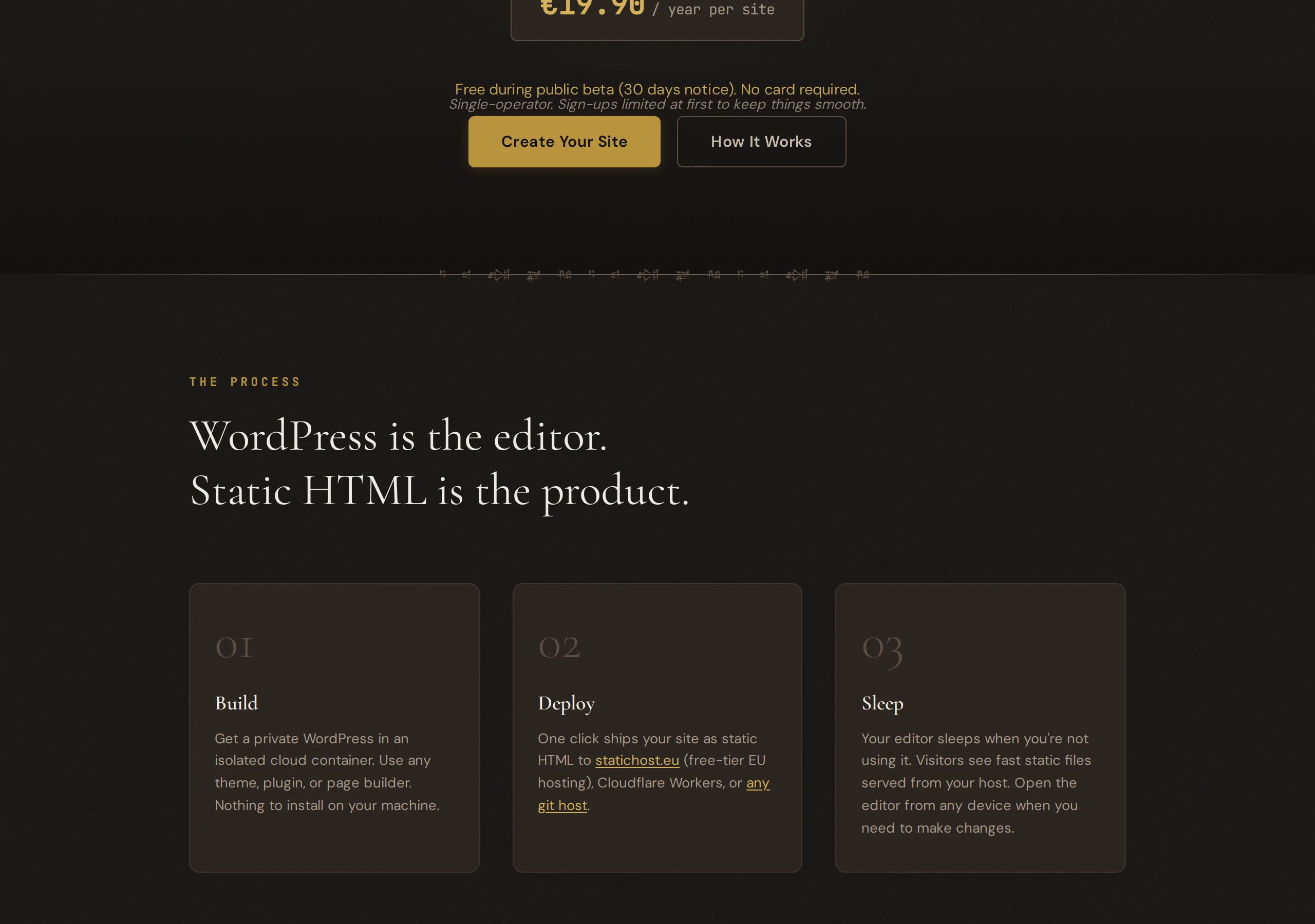 Stelae process section: Build a private WordPress in a cloud container, Deploy as static HTML, Sleep so the editor rests when you are not using it