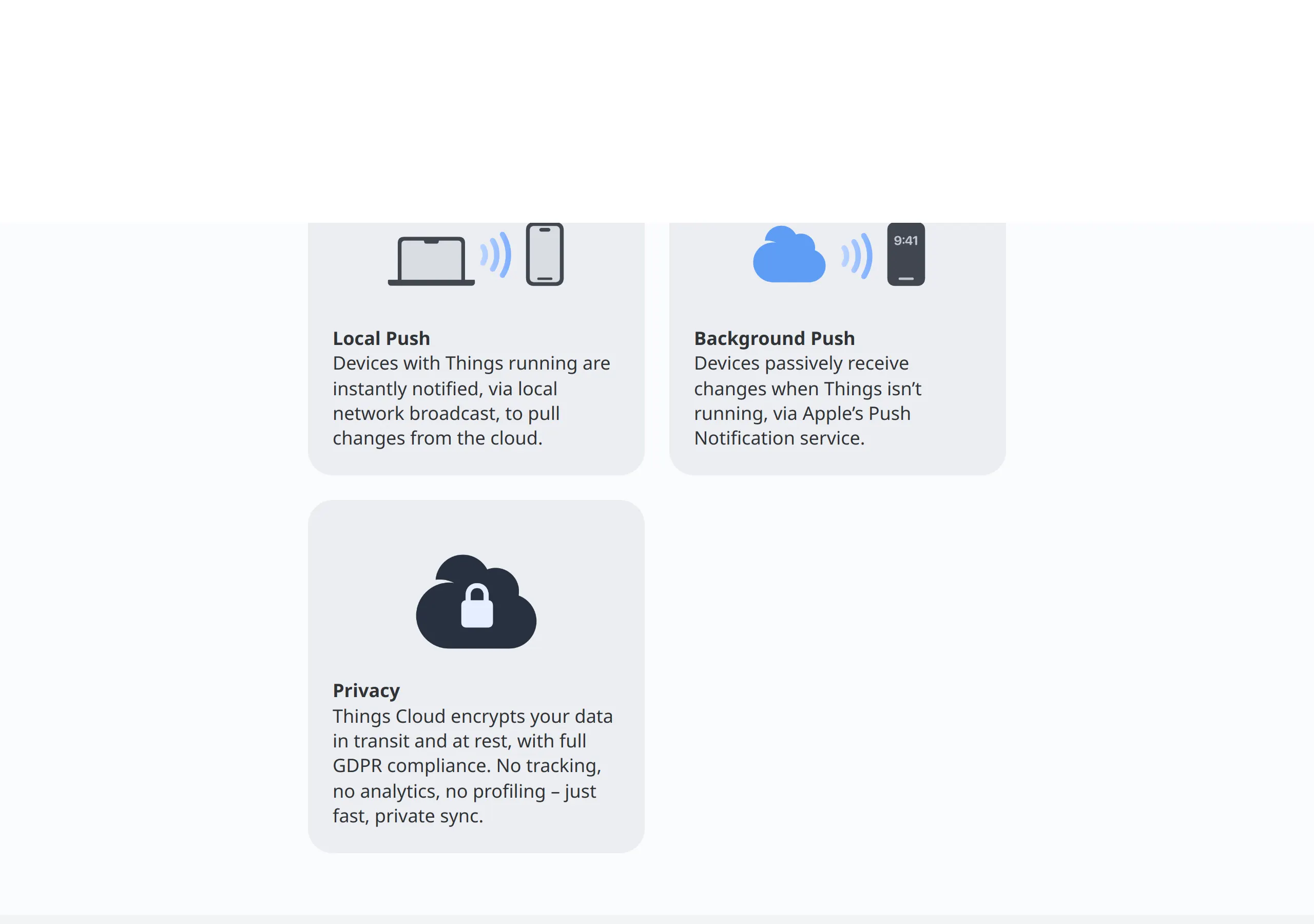 Things Cloud feature cards: Local Push via local network broadcast, Background Push via Apple Push Notification service, and Privacy stating encryption in transit and at rest with GDPR compliance and no tracking, analytics, or profiling