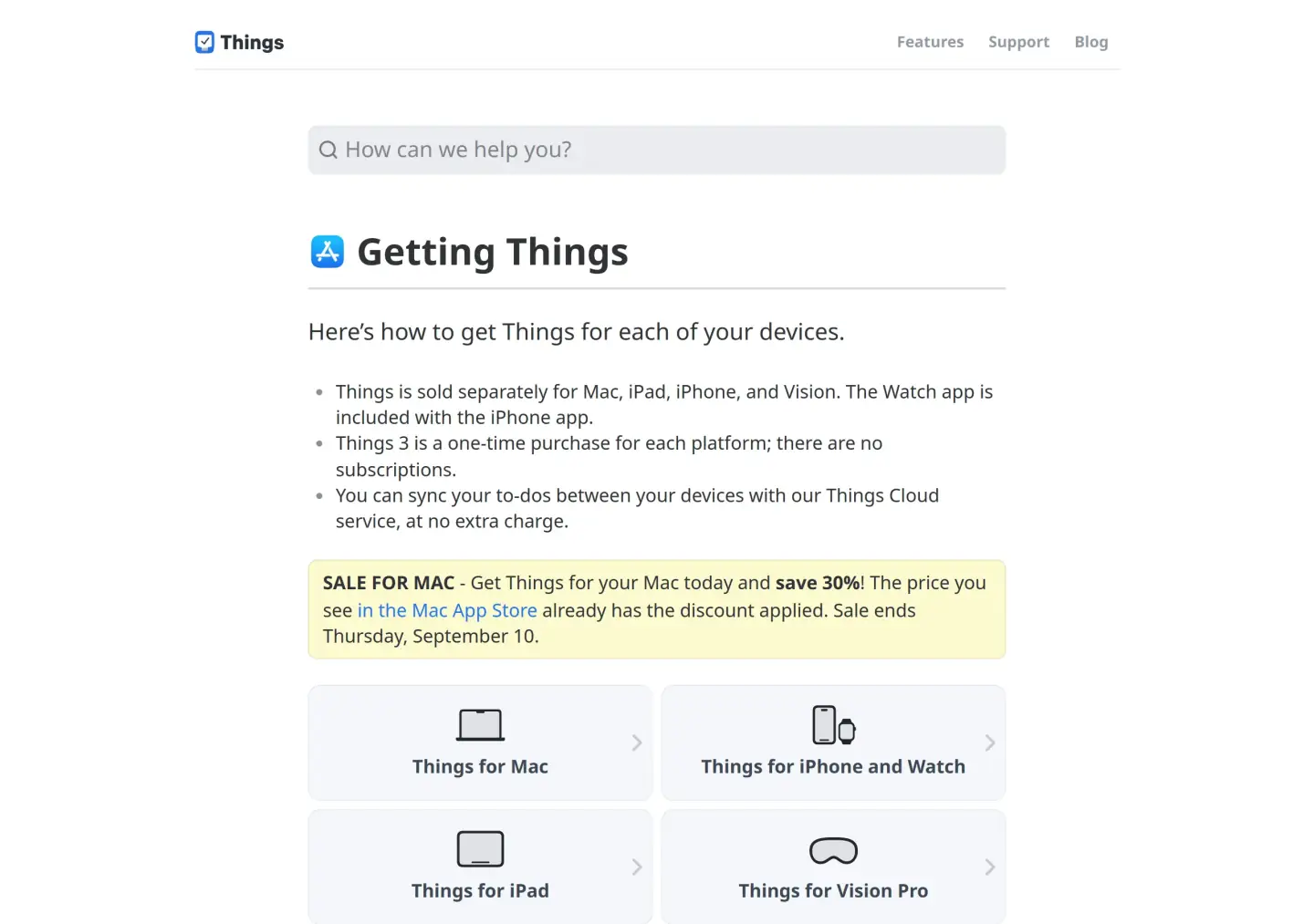 Getting Things support page: sold separately for Mac, iPad, iPhone, and Vision; one-time purchase with no subscriptions; Things Cloud at no extra charge; SALE FOR MAC 30 percent off ending Thursday September 10