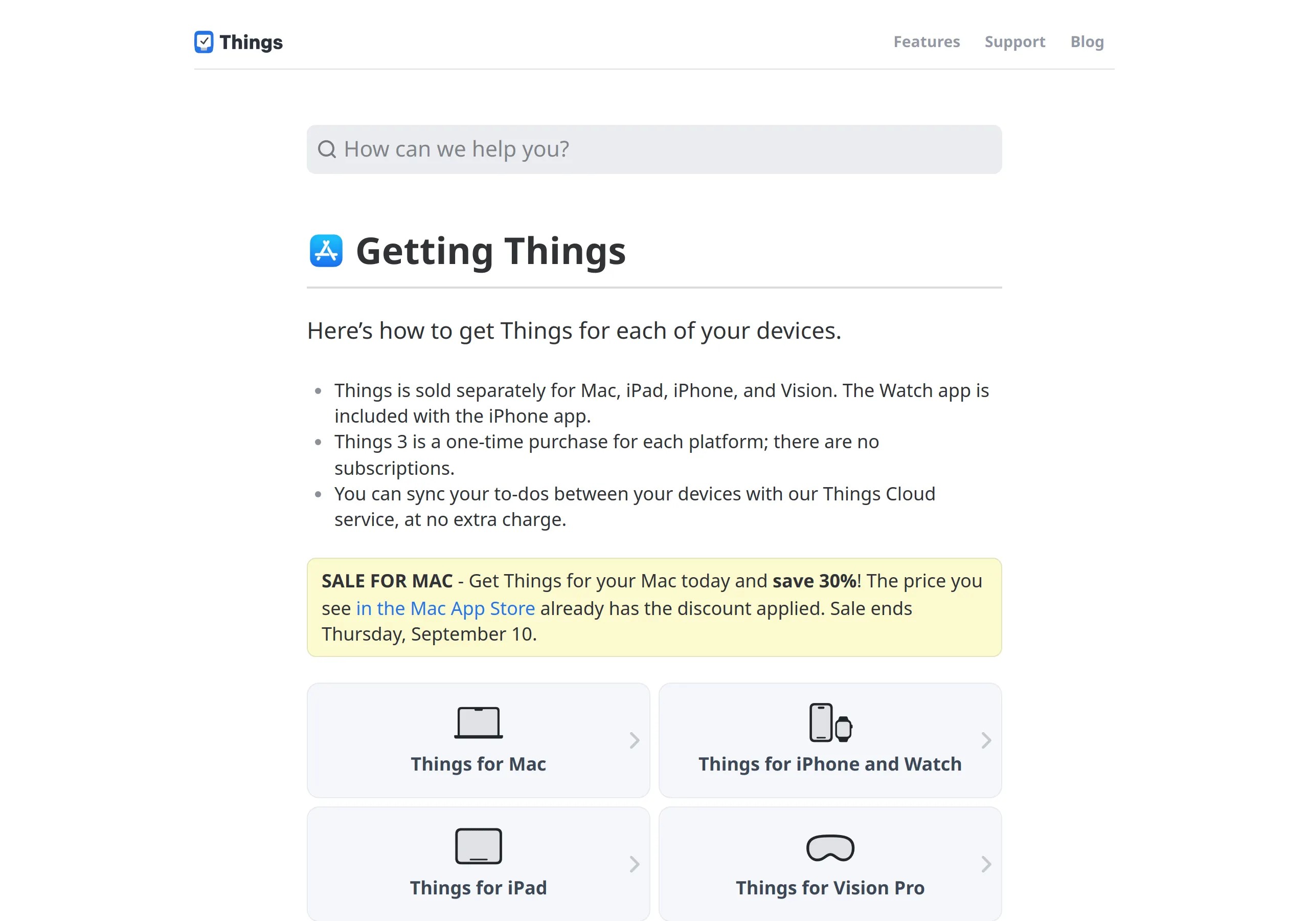 Getting Things support page: sold separately for Mac, iPad, iPhone, and Vision; one-time purchase with no subscriptions; Things Cloud at no extra charge; SALE FOR MAC 30 percent off ending Thursday September 10
