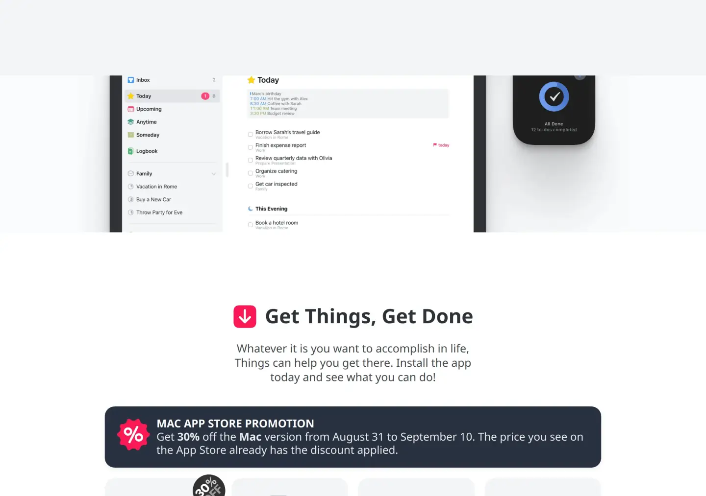 Things homepage Get Things, Get Done: live Today list mockup with Inbox, Upcoming, Anytime, Someday, and a Mac App Store Promotion banner for 30 percent off the Mac version from August 31 to September 10