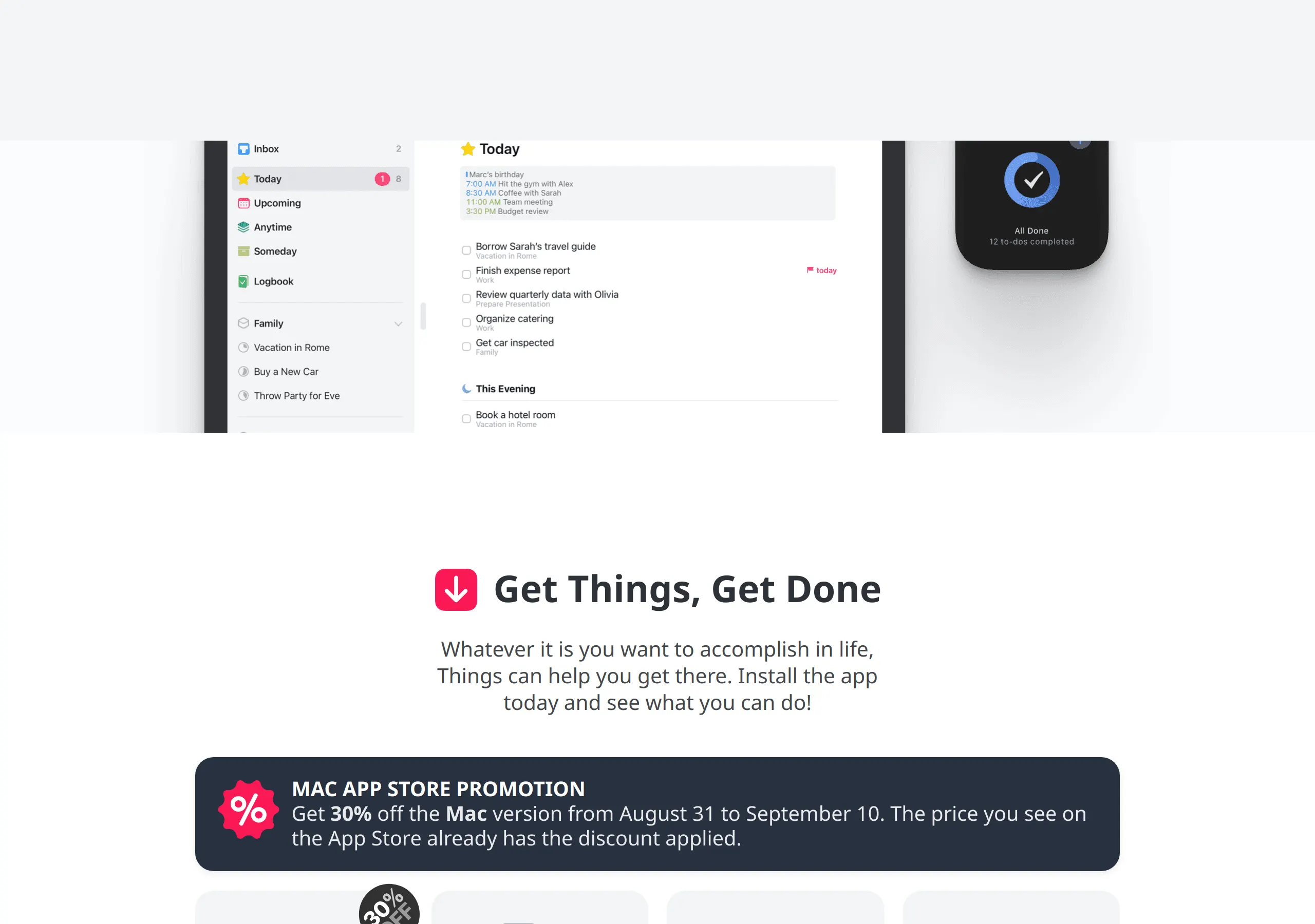 Things homepage Get Things, Get Done: live Today list mockup with Inbox, Upcoming, Anytime, Someday, and a Mac App Store Promotion banner for 30 percent off the Mac version from August 31 to September 10
