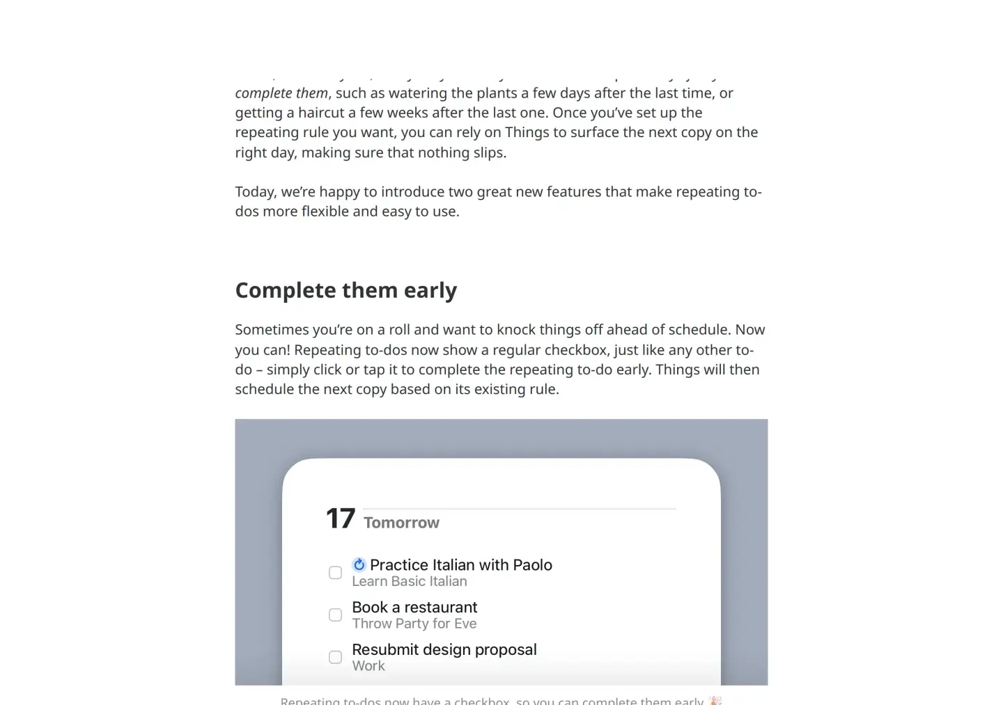 Cultured Code blog post Repeating To-Dos, Refined: Complete them early, with a Things screenshot of Tomorrow showing Practice Italian with Paolo and a regular checkbox on the repeating to-do