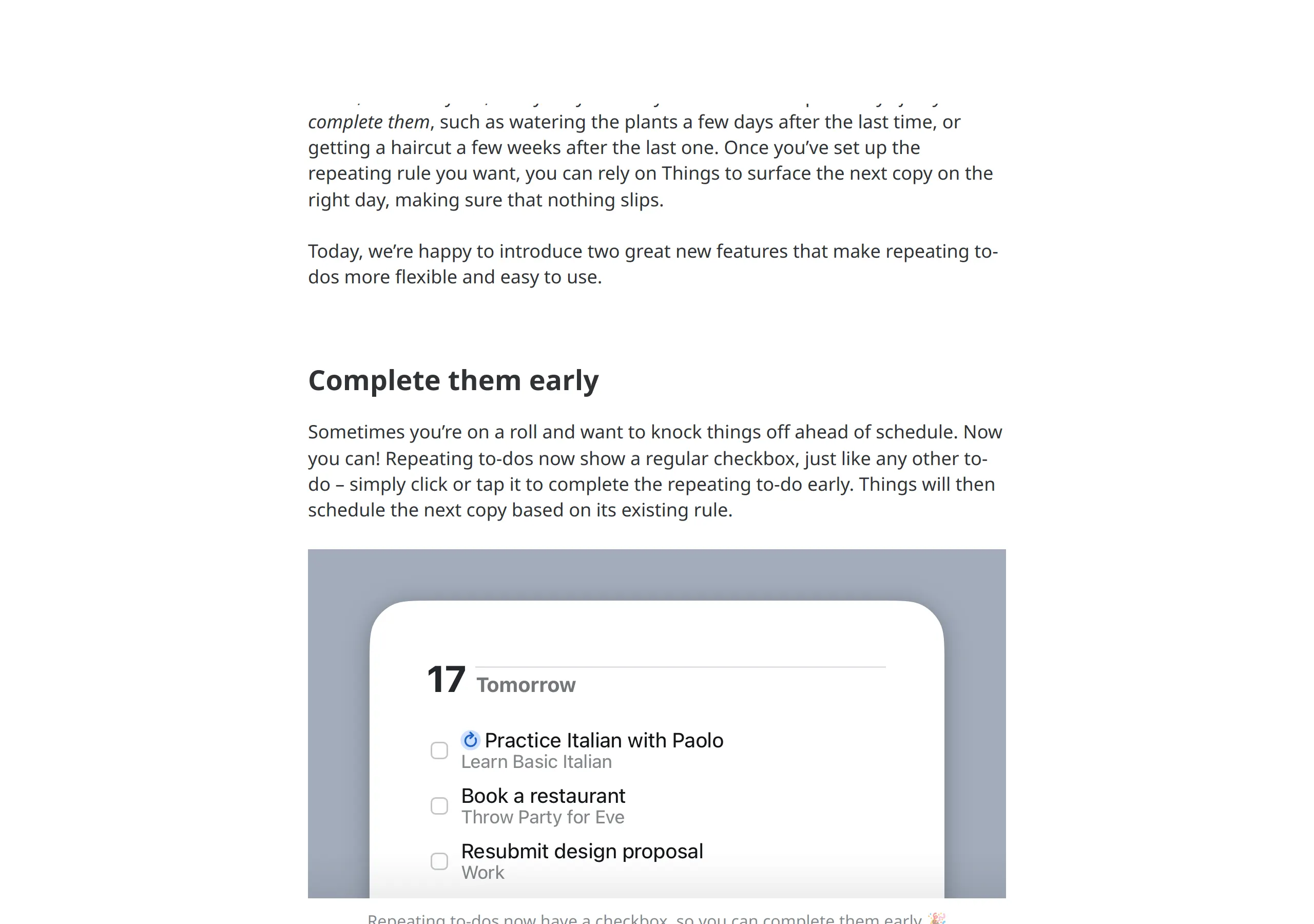 Cultured Code blog post Repeating To-Dos, Refined: Complete them early, with a Things screenshot of Tomorrow showing Practice Italian with Paolo and a regular checkbox on the repeating to-do