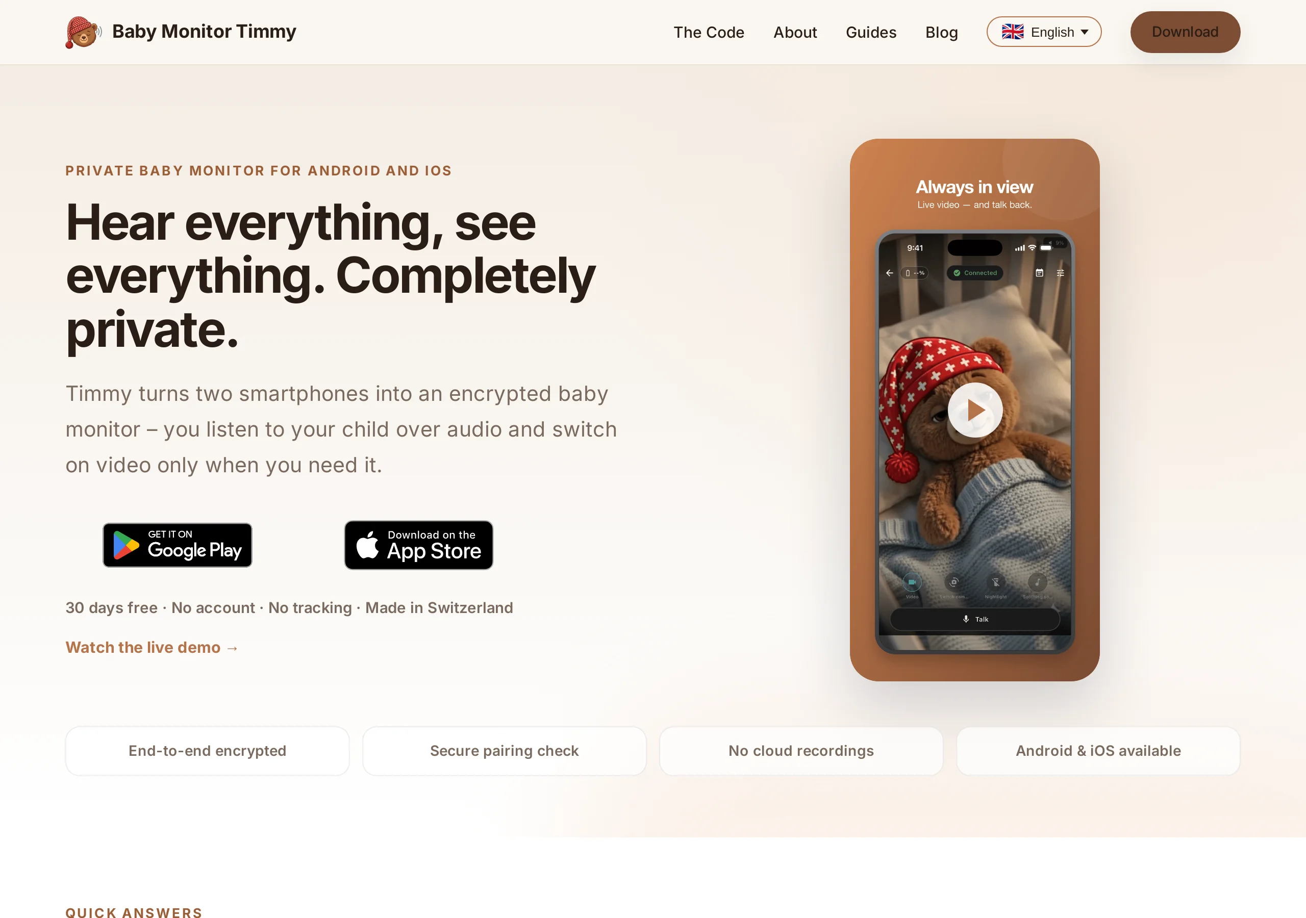 Baby Monitor Timmy homepage: two-phone encrypted baby monitor, no account, no tracking, end-to-end encryption and a secure pairing check