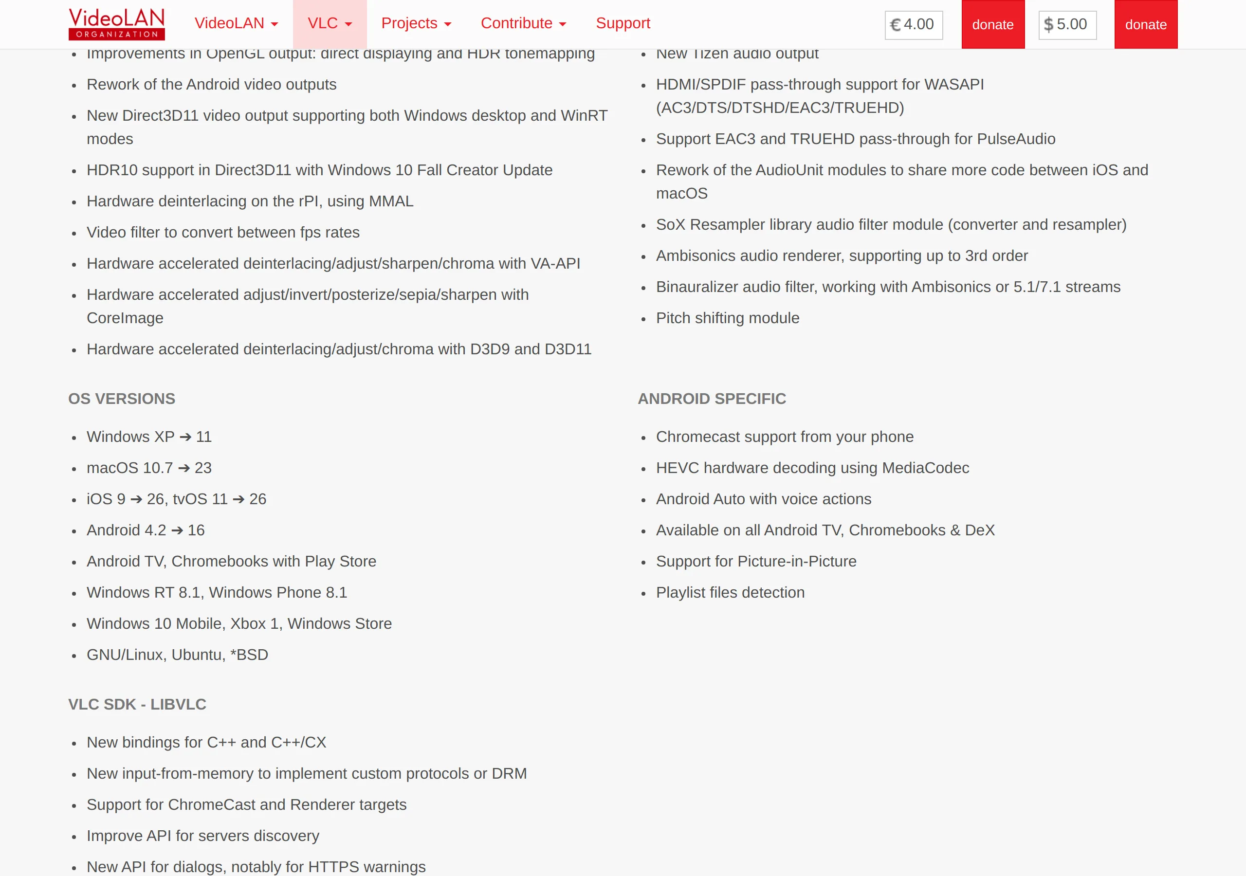 VLC 3.0.23 OS Versions list: Windows XP through 11, macOS 10.7 through 23, iOS 9 through 26, Android 4.2 through 16