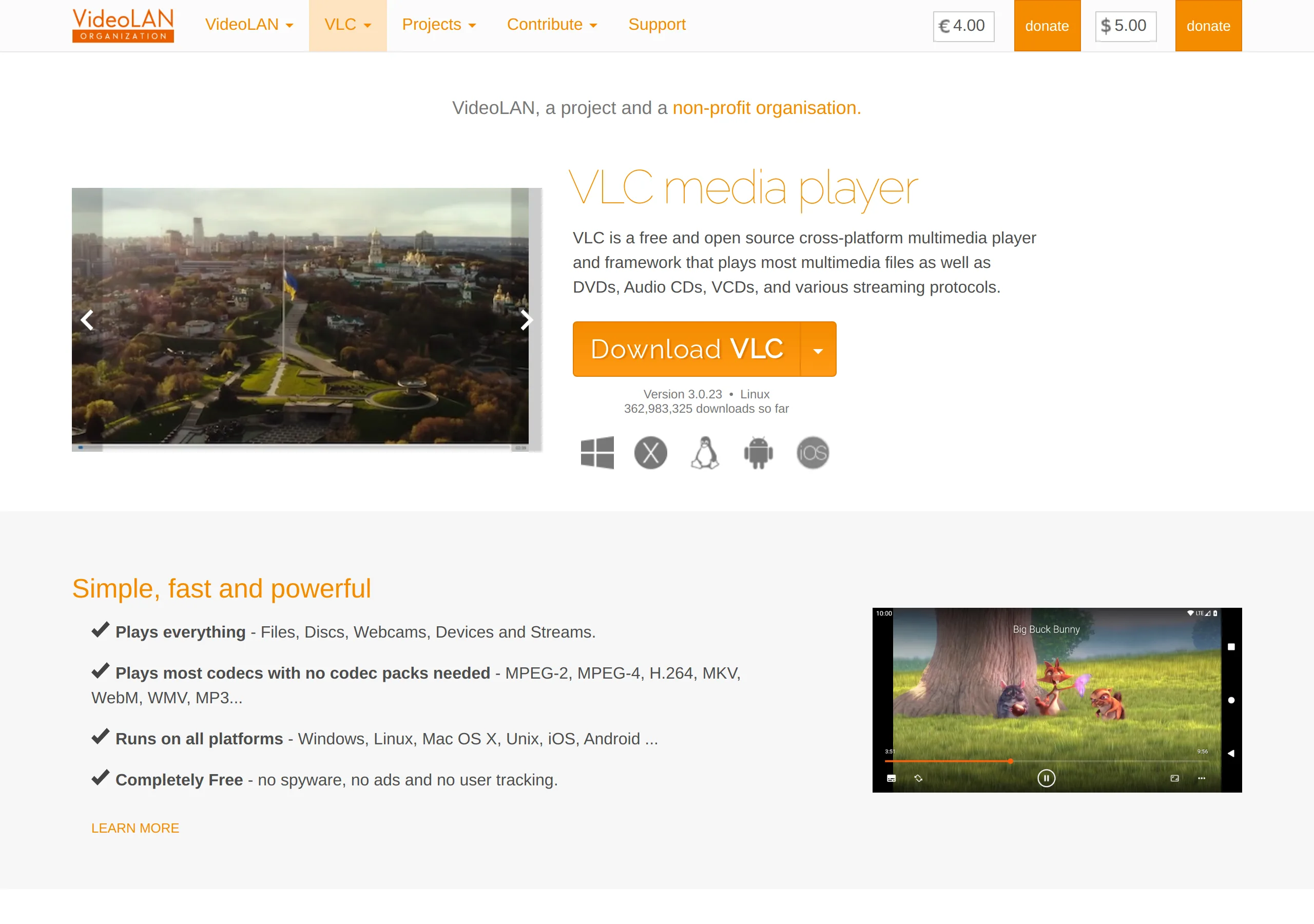 VideoLAN VLC download page: Version 3.0.23, 362,983,325 downloads so far, and a Completely Free bullet that says no spyware, no ads and no user tracking