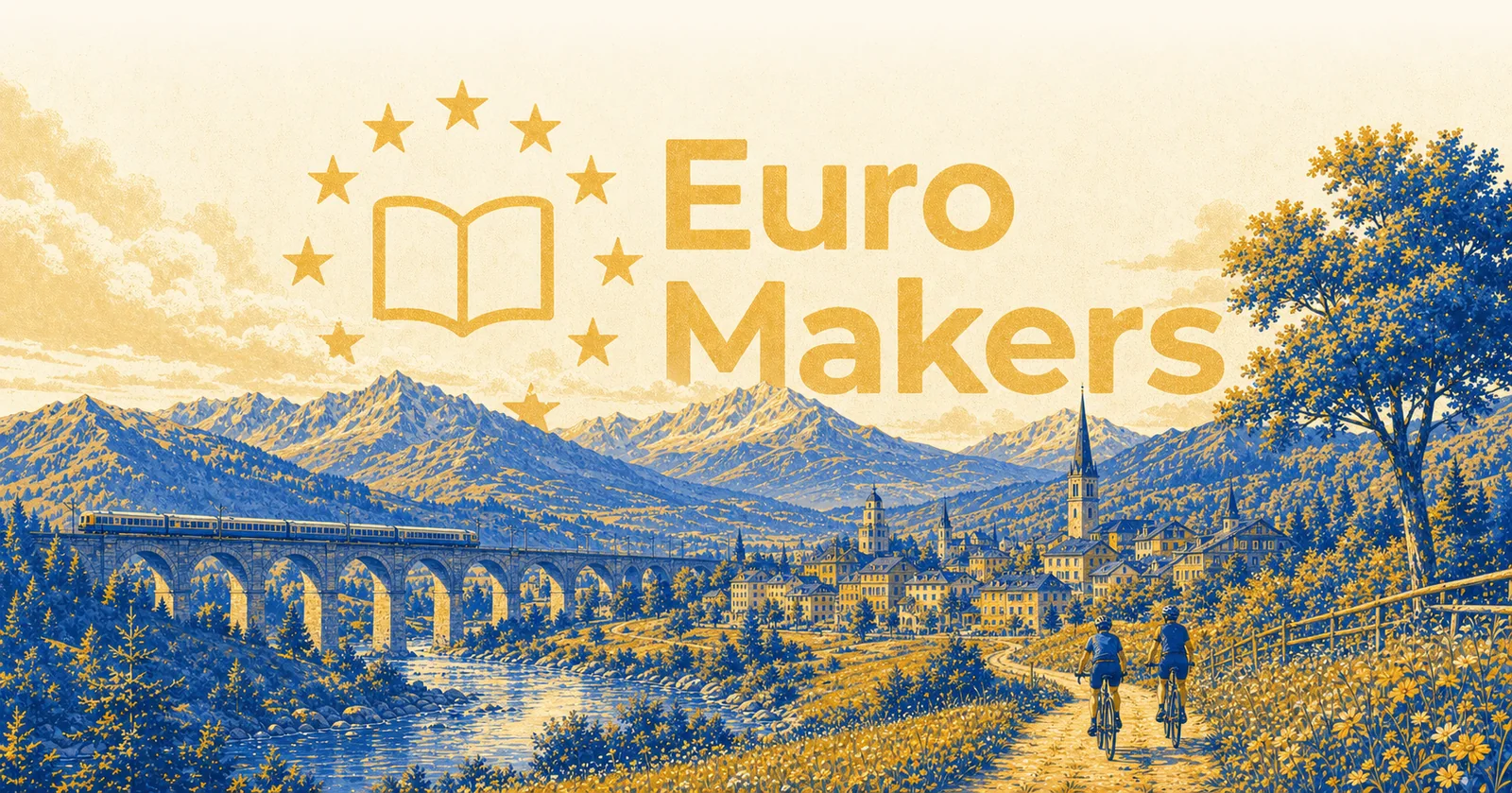 EuroMakers logo rising behind an illustrated Alpine valley, European town, railway, and cyclists
