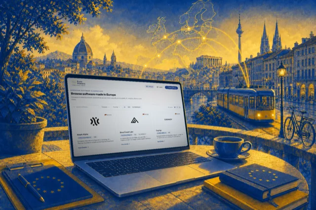 A laptop on a European terrace showing the live EuroMakers directory, with listings such as Aleph Alpha, Black Forest Labs, and Cognigy